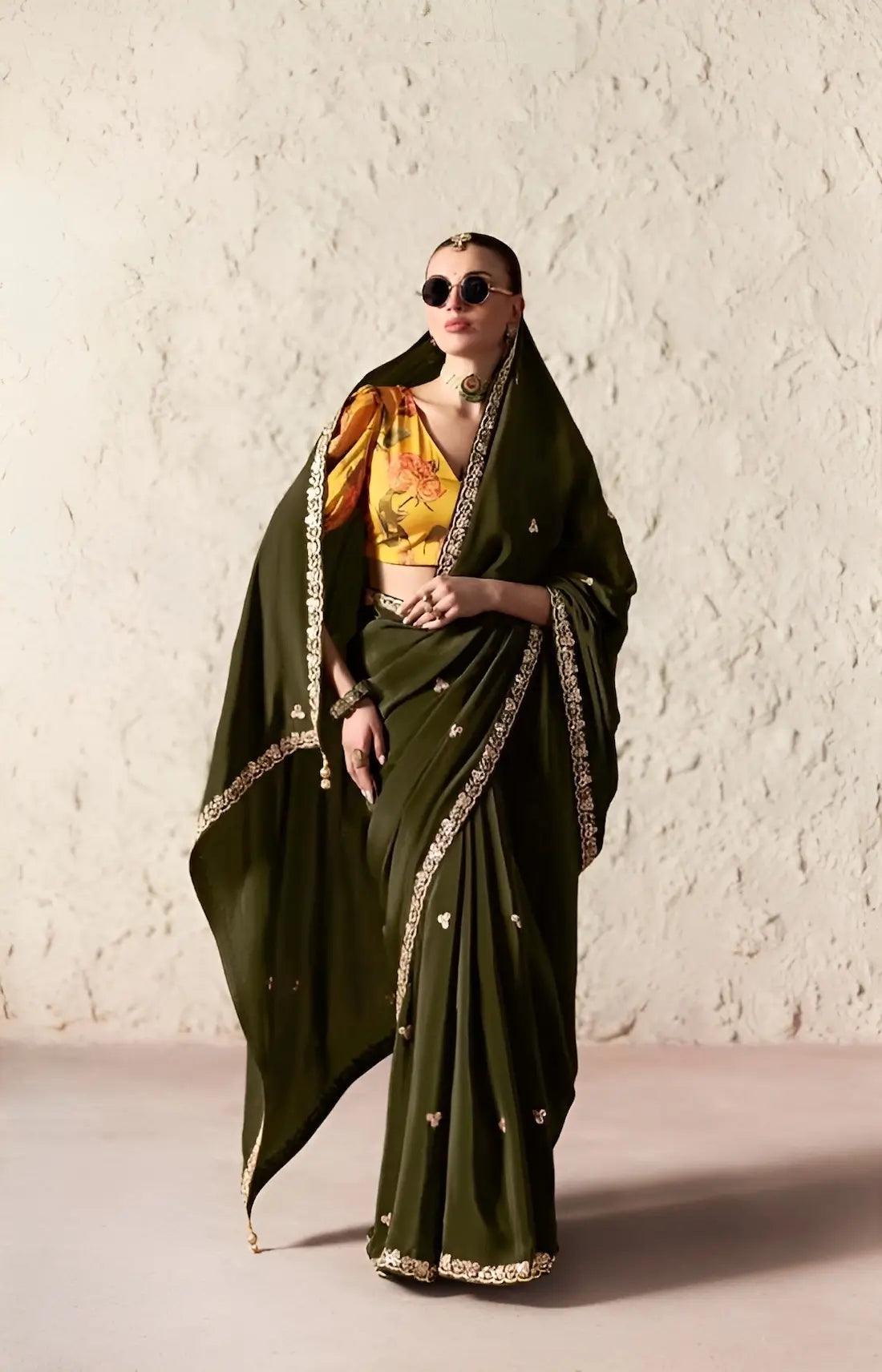 Dark Olive Embroidered Party Wear Saree