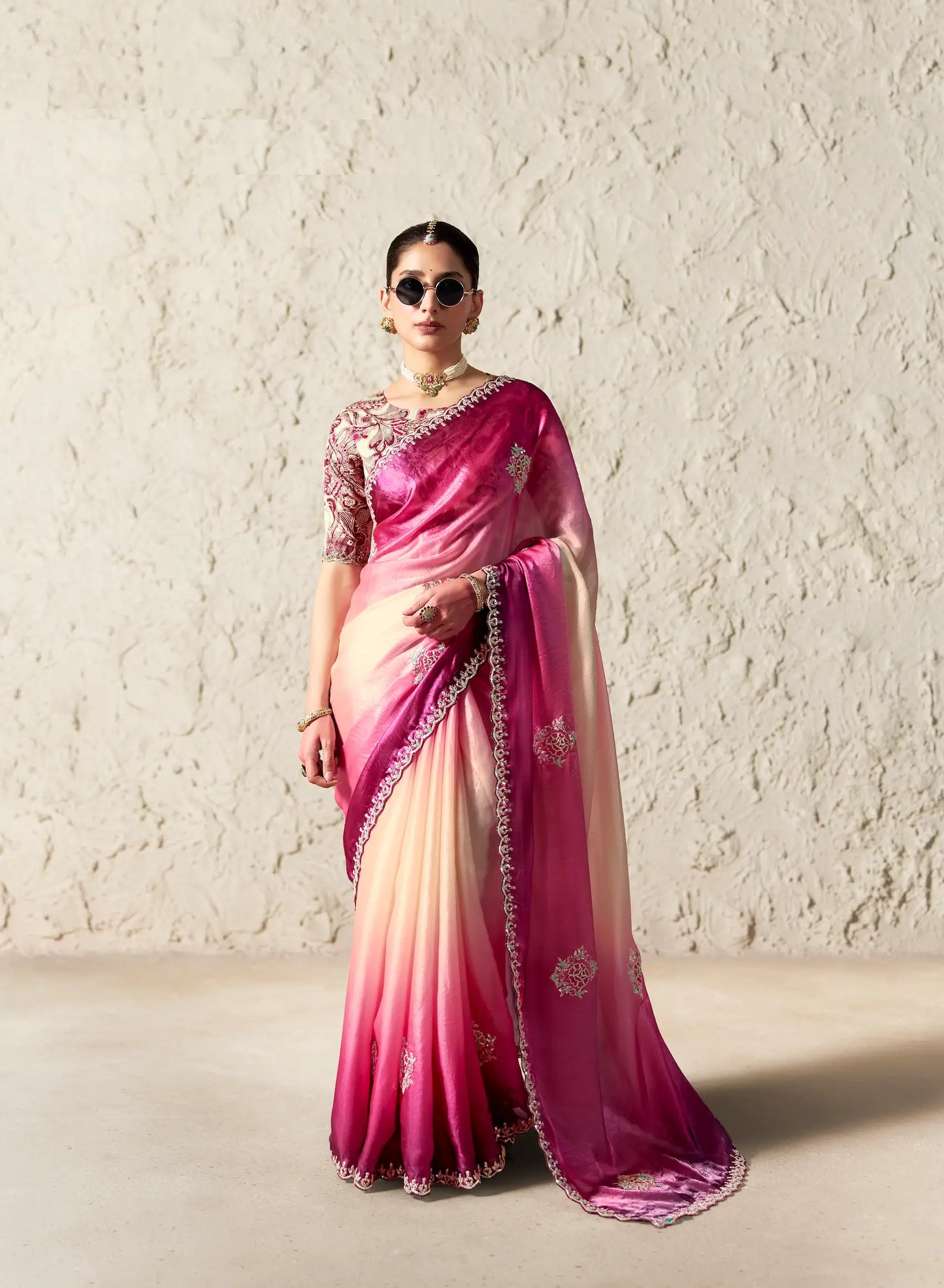 Pink-White Embroidered Party Wear Saree