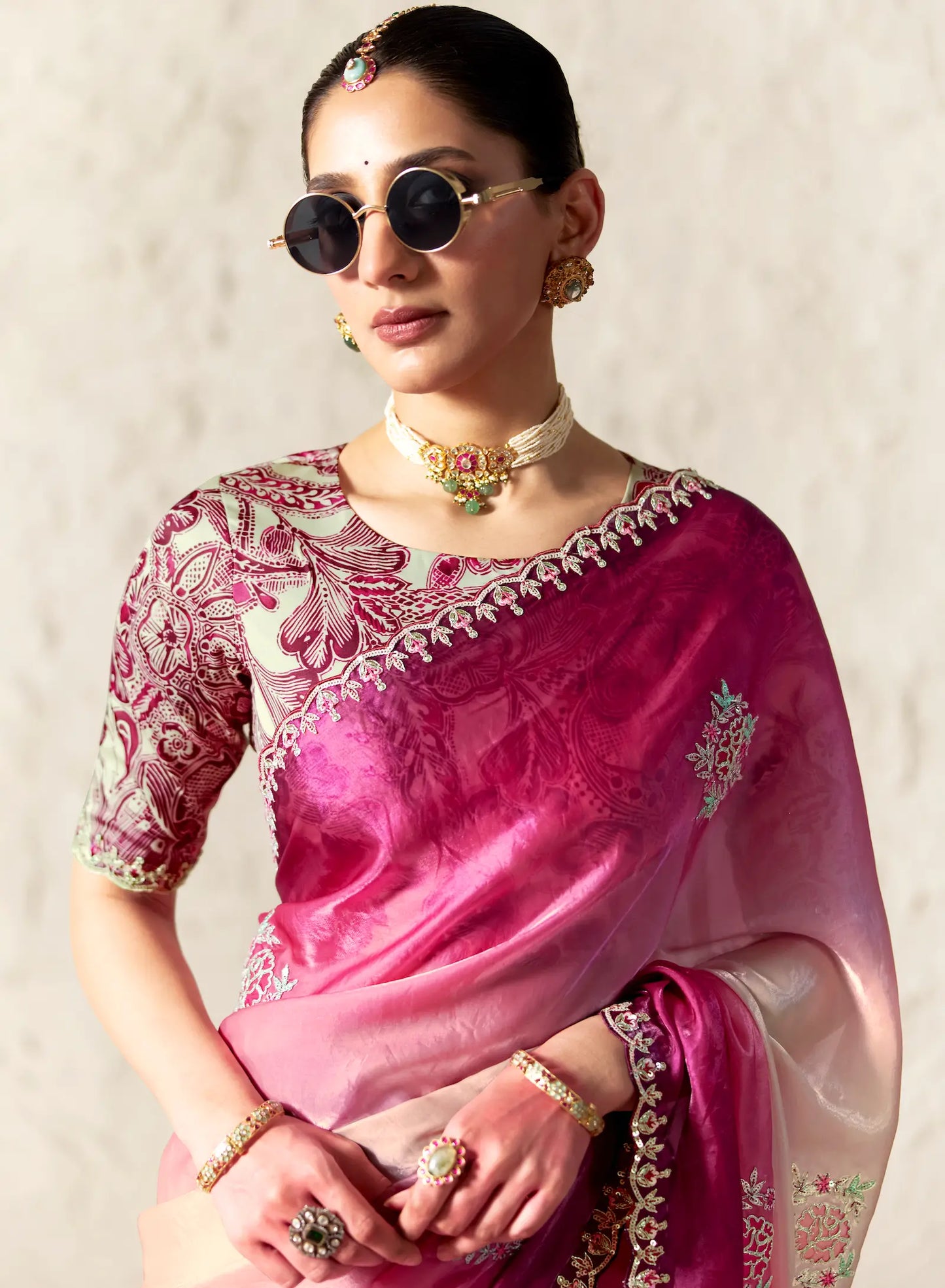 Pink-White Embroidered Party Wear Saree