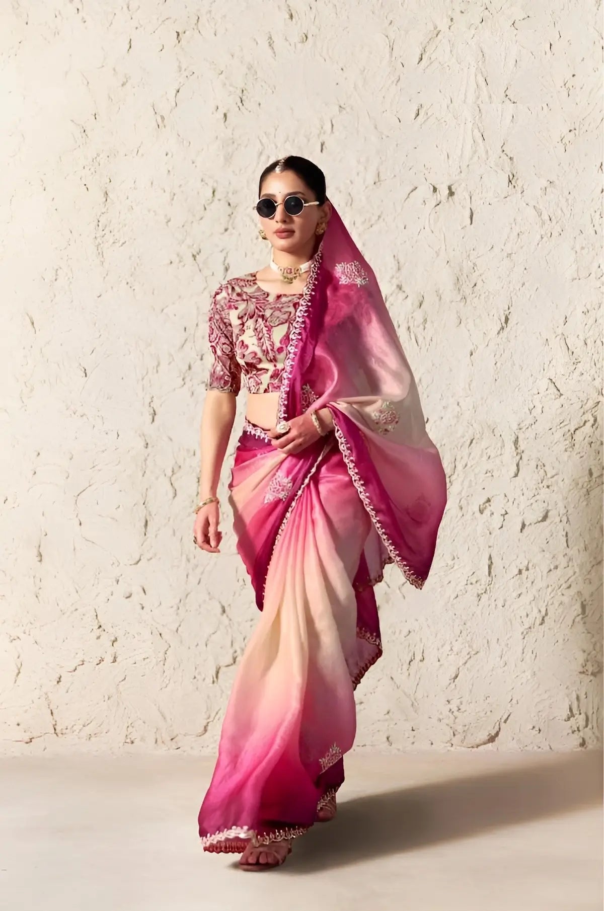 Pink-White Embroidered Party Wear Saree
