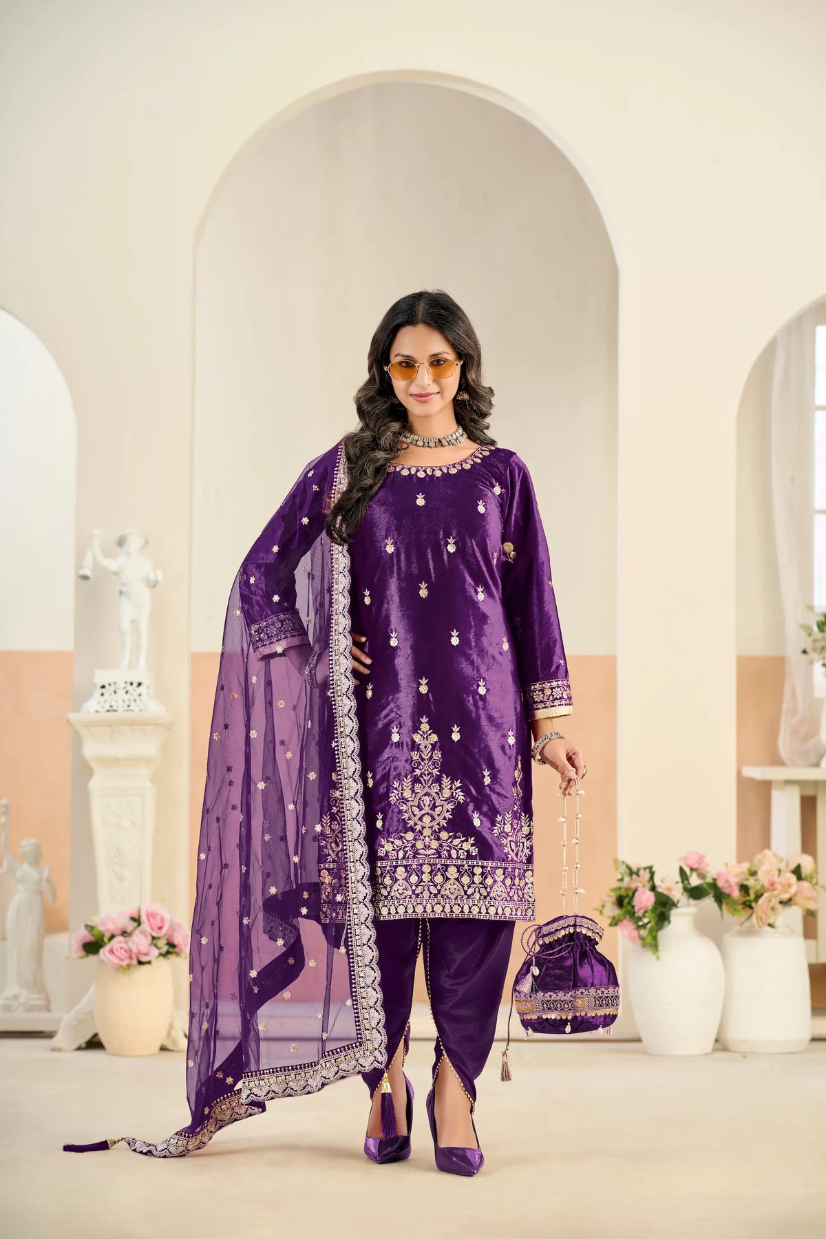 Plum Purple Velvet Embroidered Salwar Suit