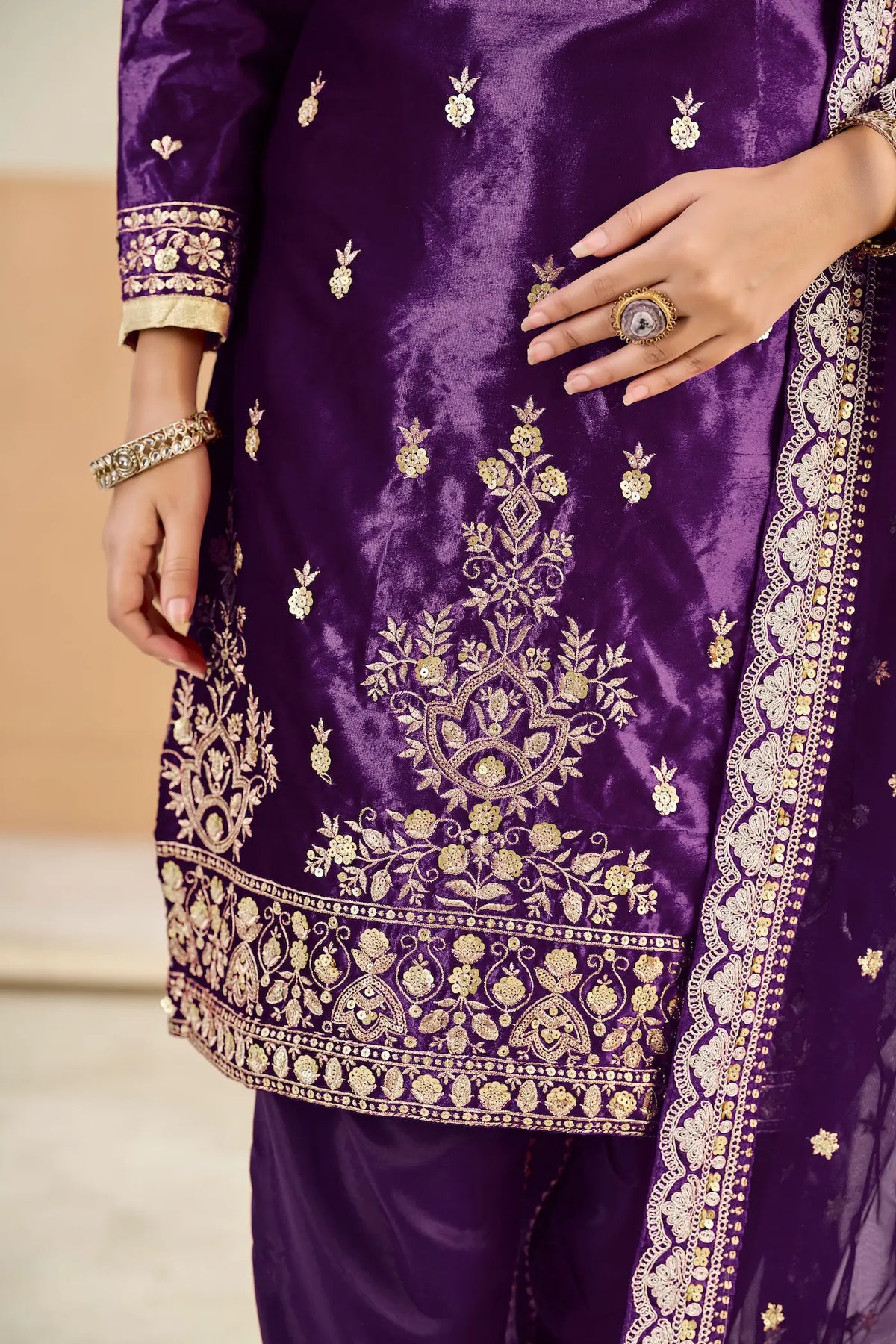 Plum Purple Velvet Embroidered Salwar Suit