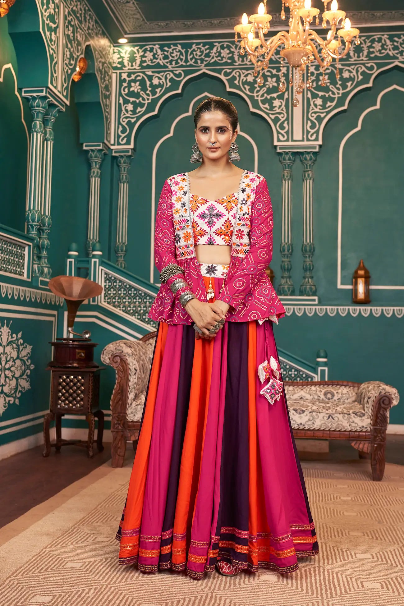 Multi color Viscose Rayon Navratri Lehenga Choli With Embroidery & Mirror Work