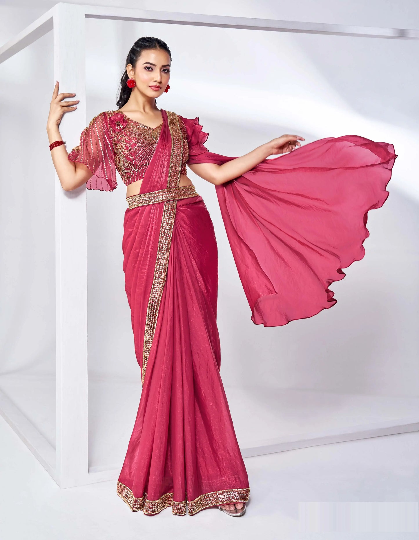 Cherry Red Satin Silk Ready To Wear One Minute Saree With Handwork Blouse
