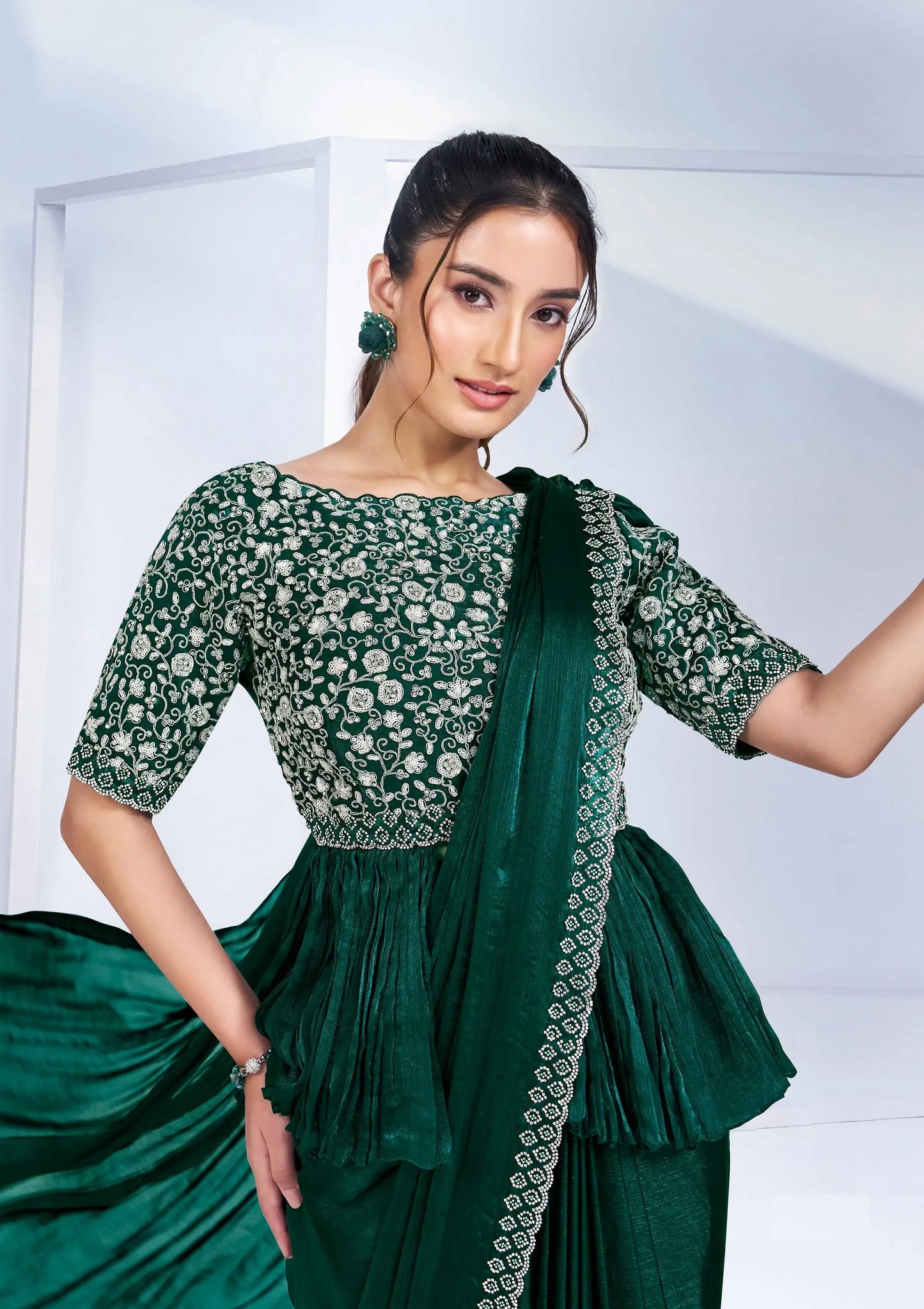 Green Satin Silk Ready To Wear One Minute Saree With Handwork Blouse