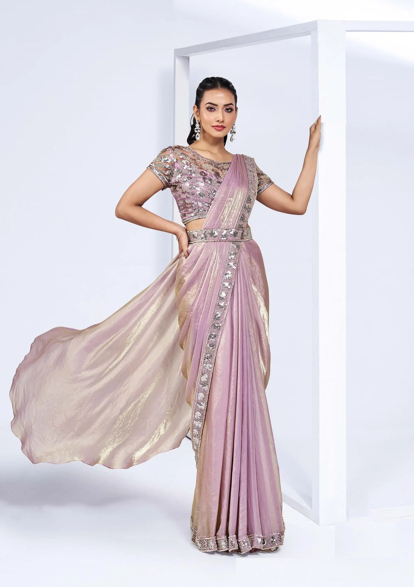 Lavender Satin Silk Ready To Wear One Minute Saree With Handwork Blouse
