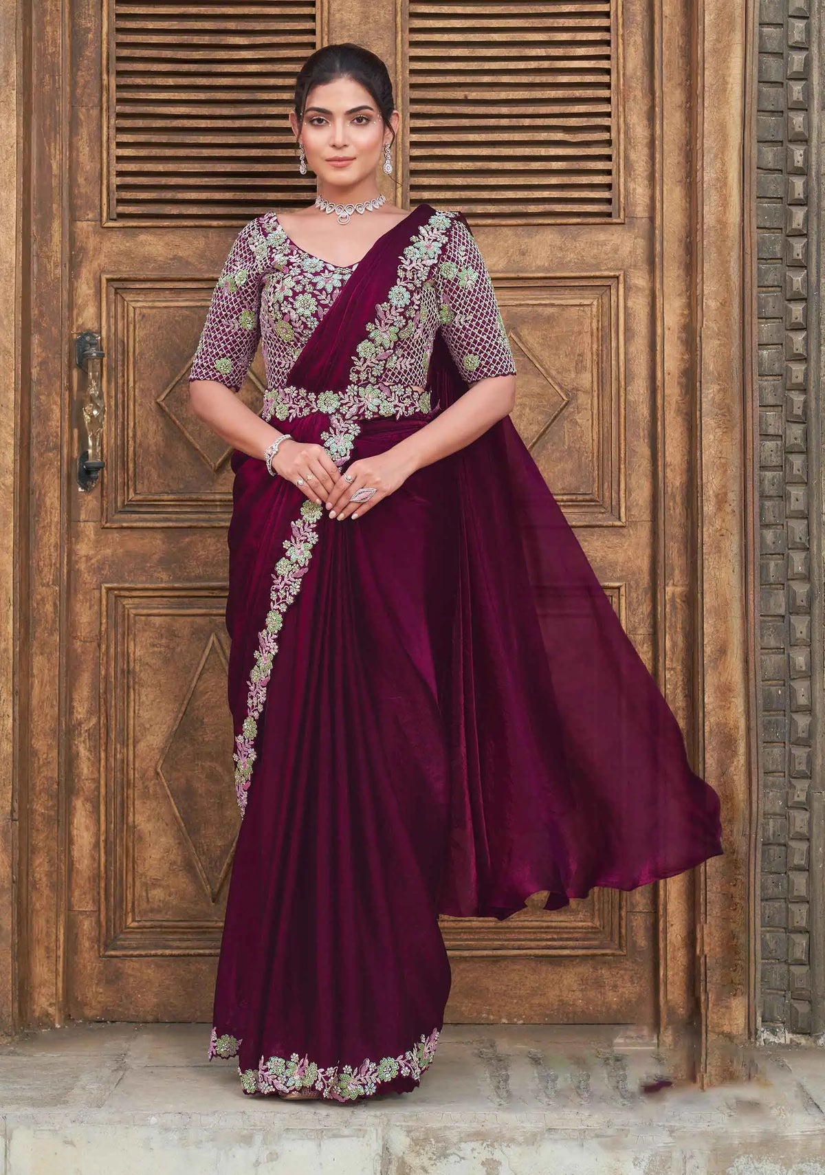 Black Berry Duel Sequins With Pearl And Hand Work Ready To Wear Saree