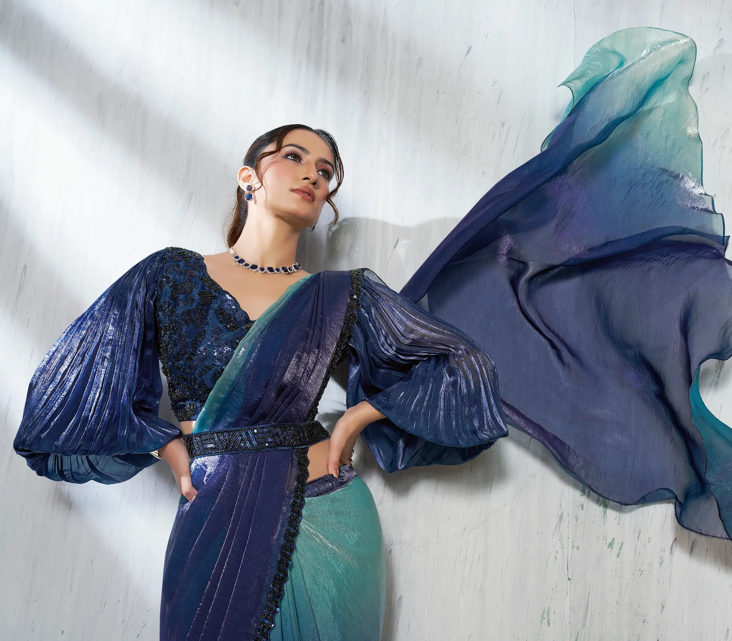 Navy Blue Shaded Satin Silk Beads Work One Minute Saree