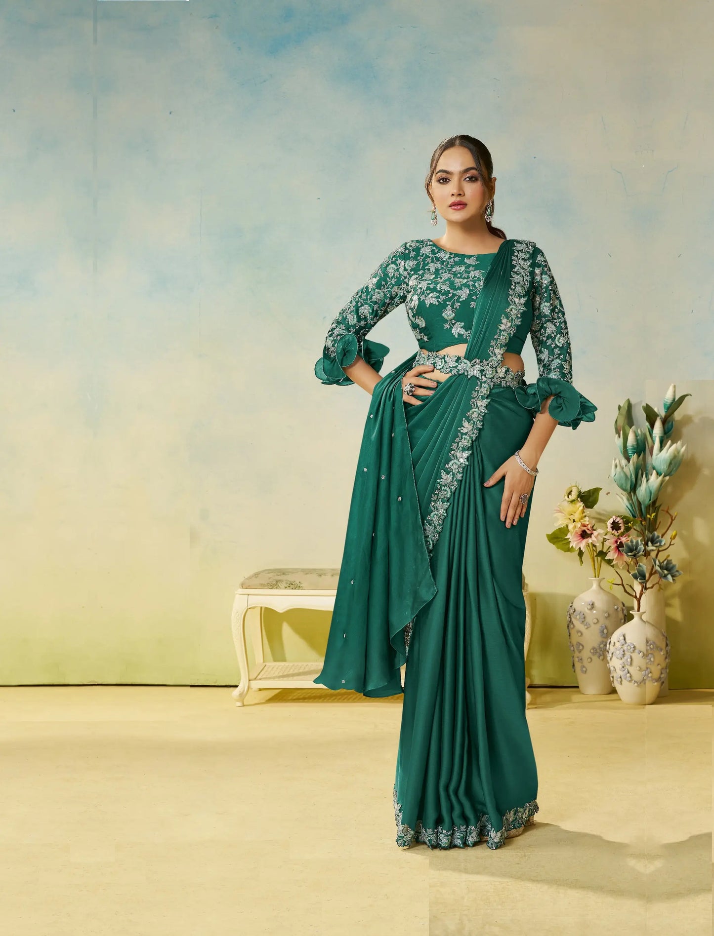 Smoky Green Embroidery & Hand Work One Minute Saree