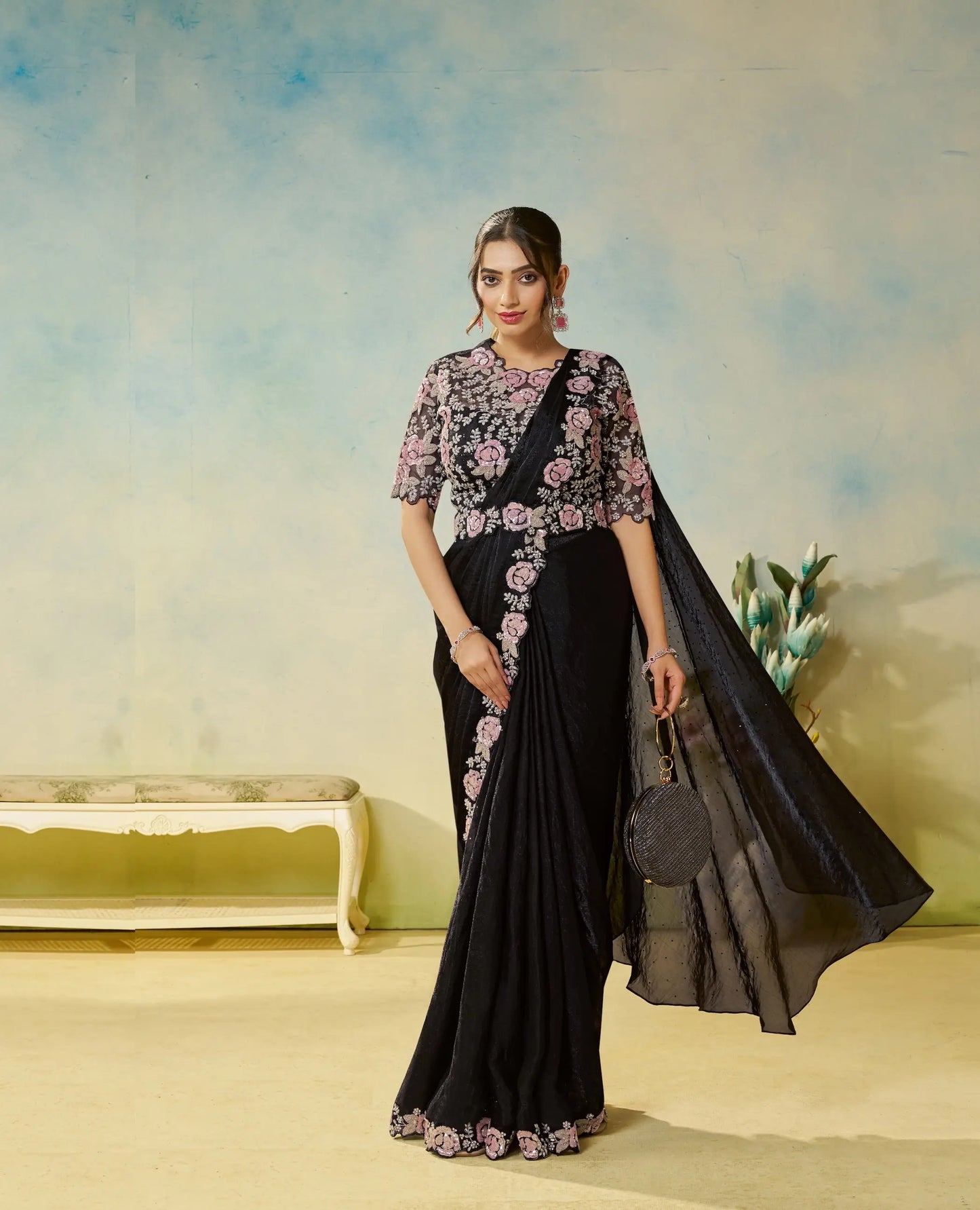 Hot Black Embroidery & Hand Work One Minute Saree