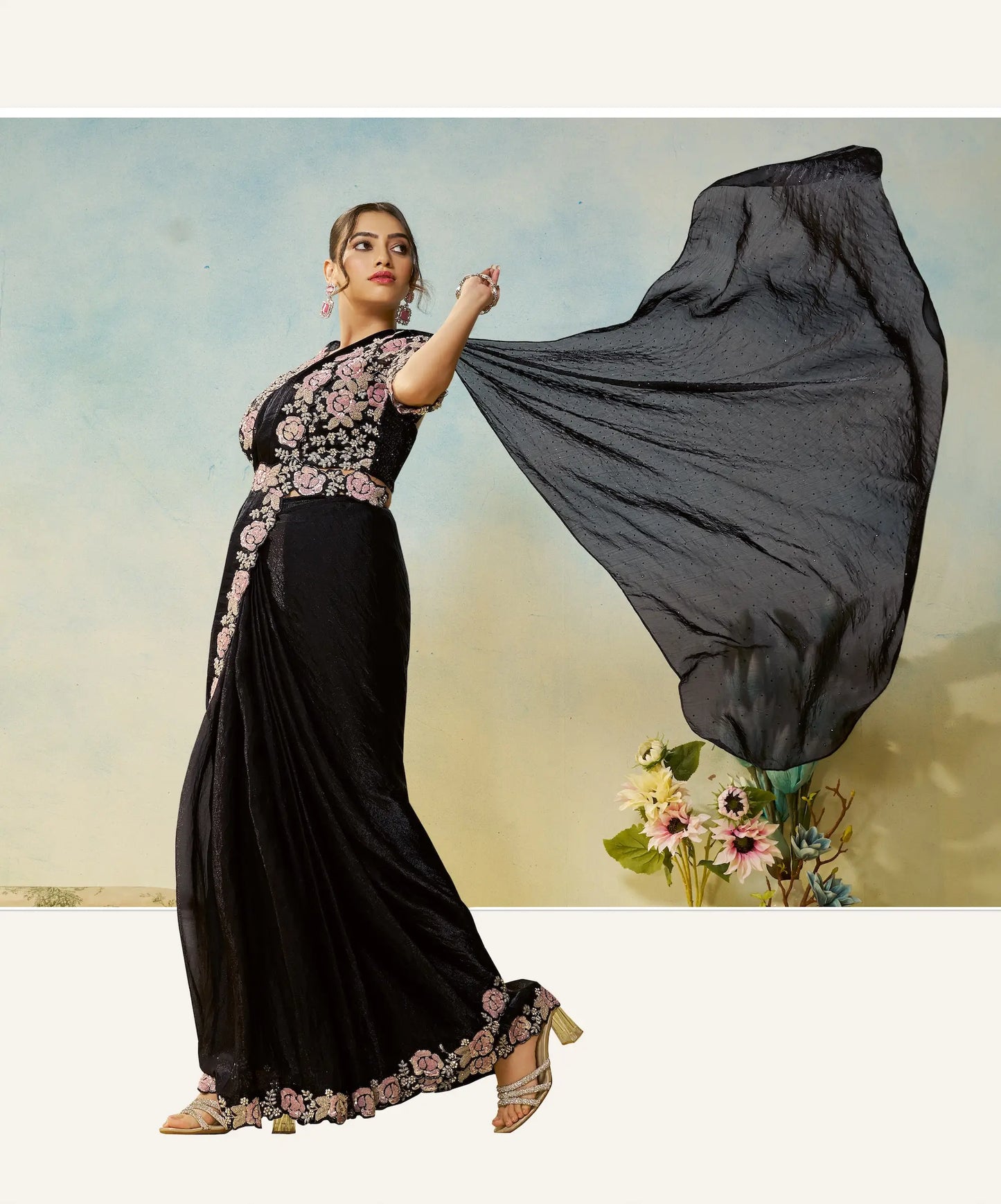 Hot Black Embroidery & Hand Work One Minute Saree