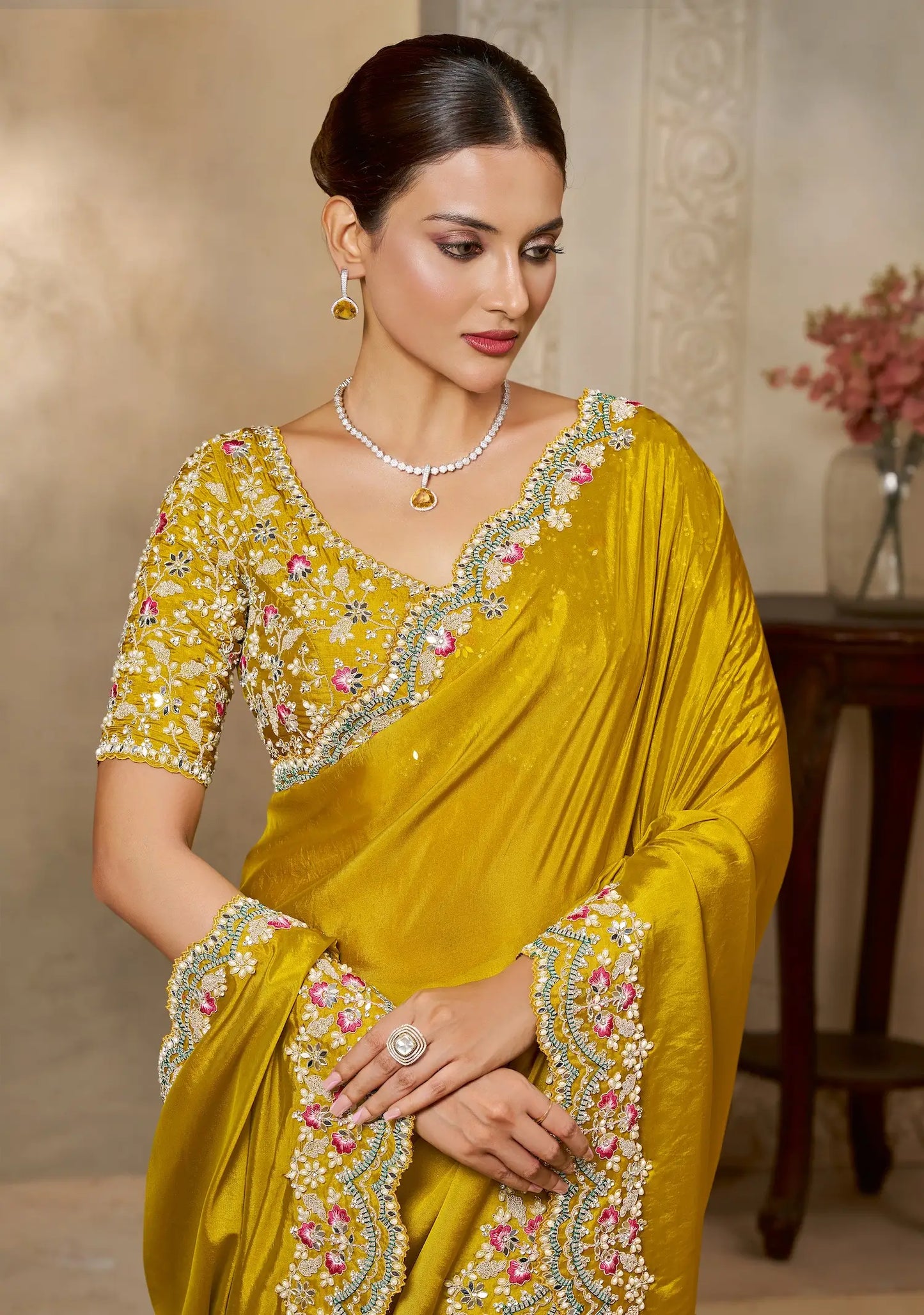Bee Yellow Satin Silk Saree With Embroidery & Hand Work