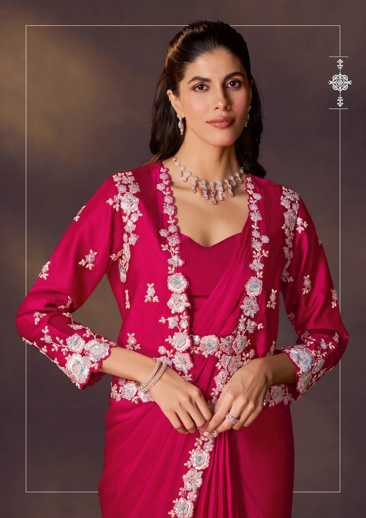 Rose Red One Minute Saree With Embroidery & Hand Work