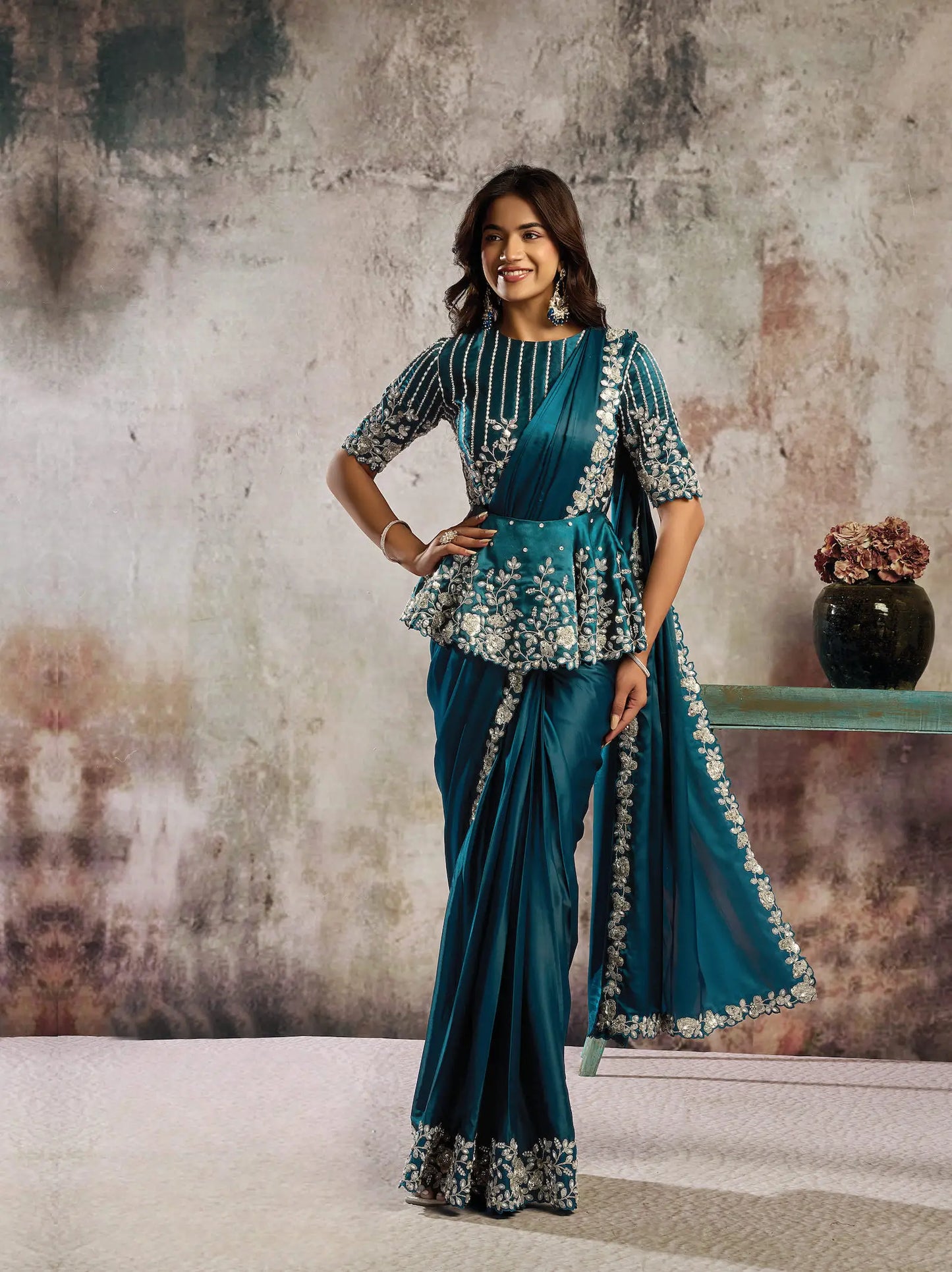 Deep Teal Ready To Wear Saree