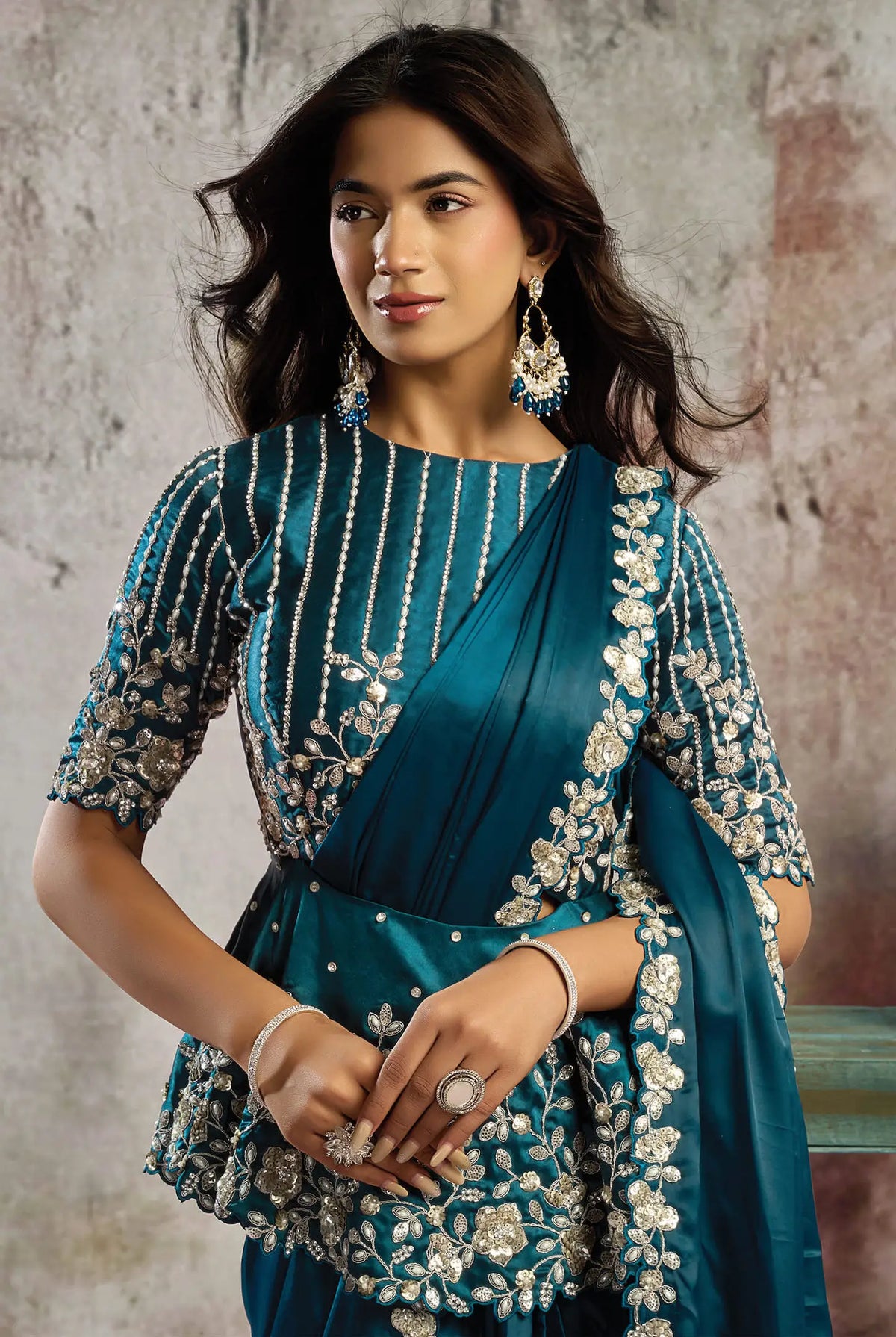 Deep Teal Ready To Wear Saree
