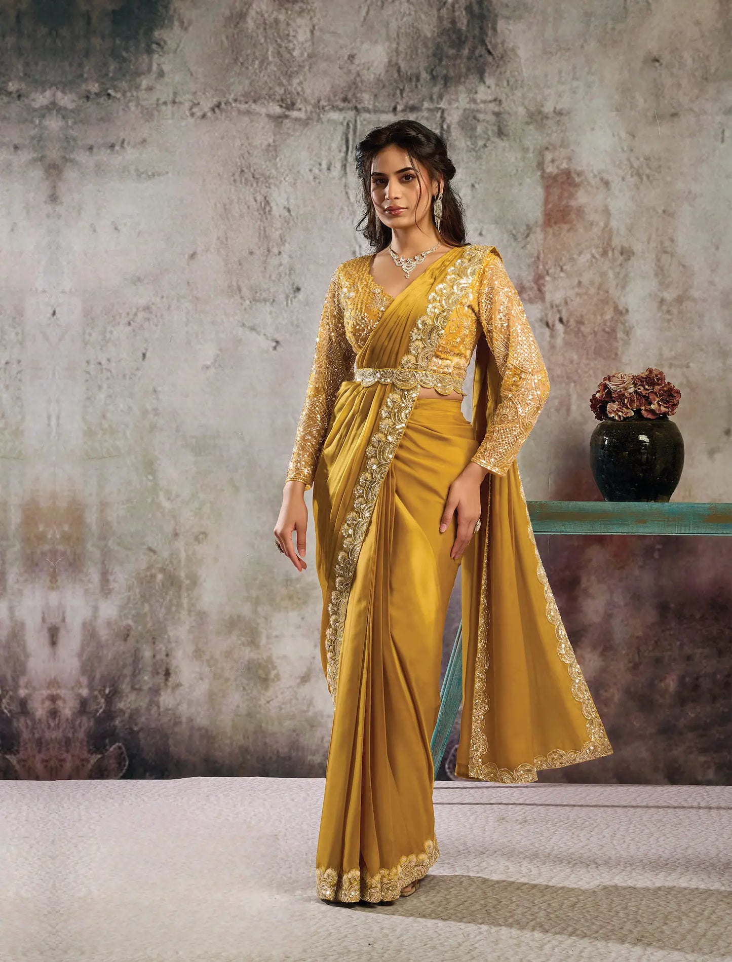 Mustard Gold Ready To Wear Saree