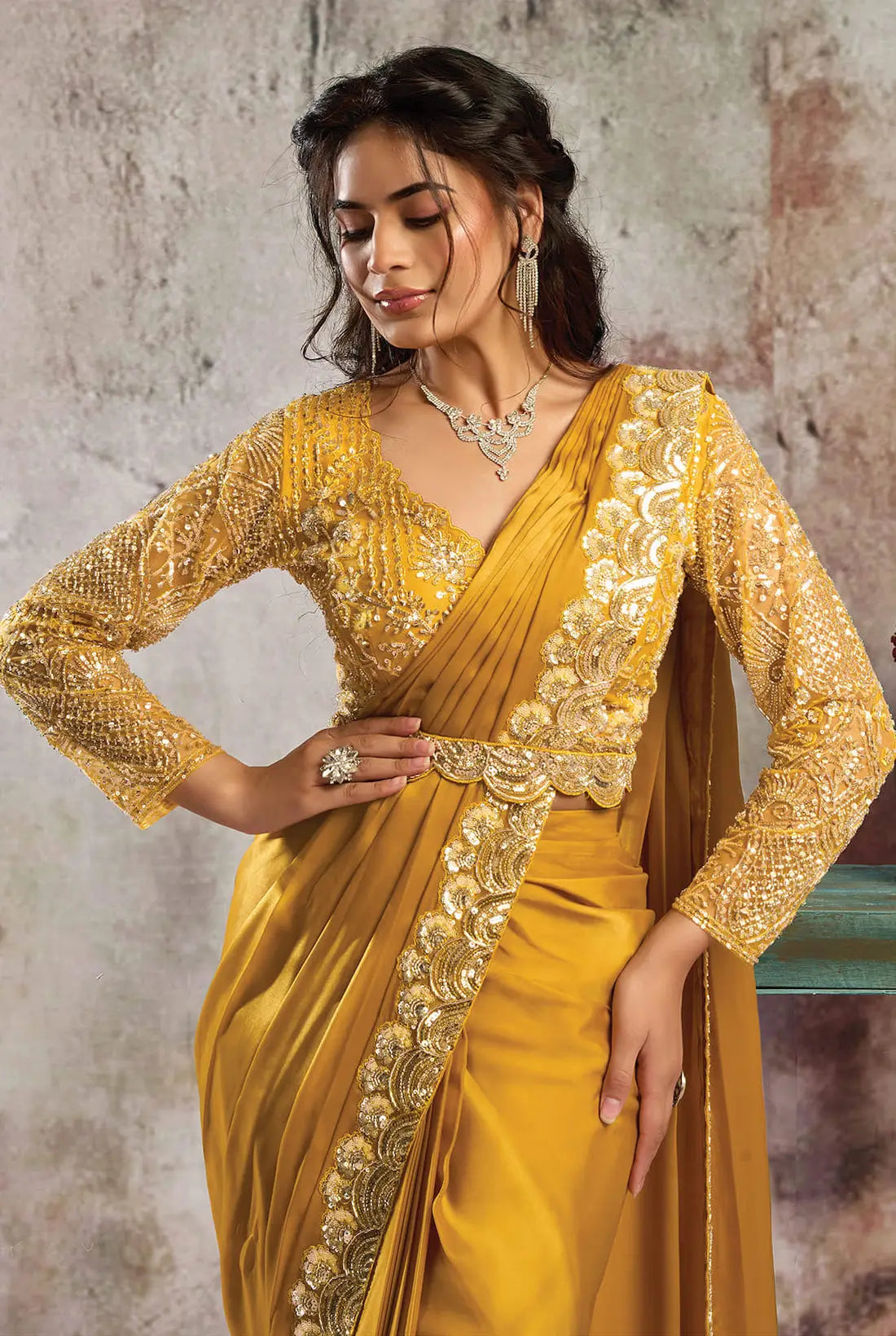 Mustard Gold Ready To Wear Saree
