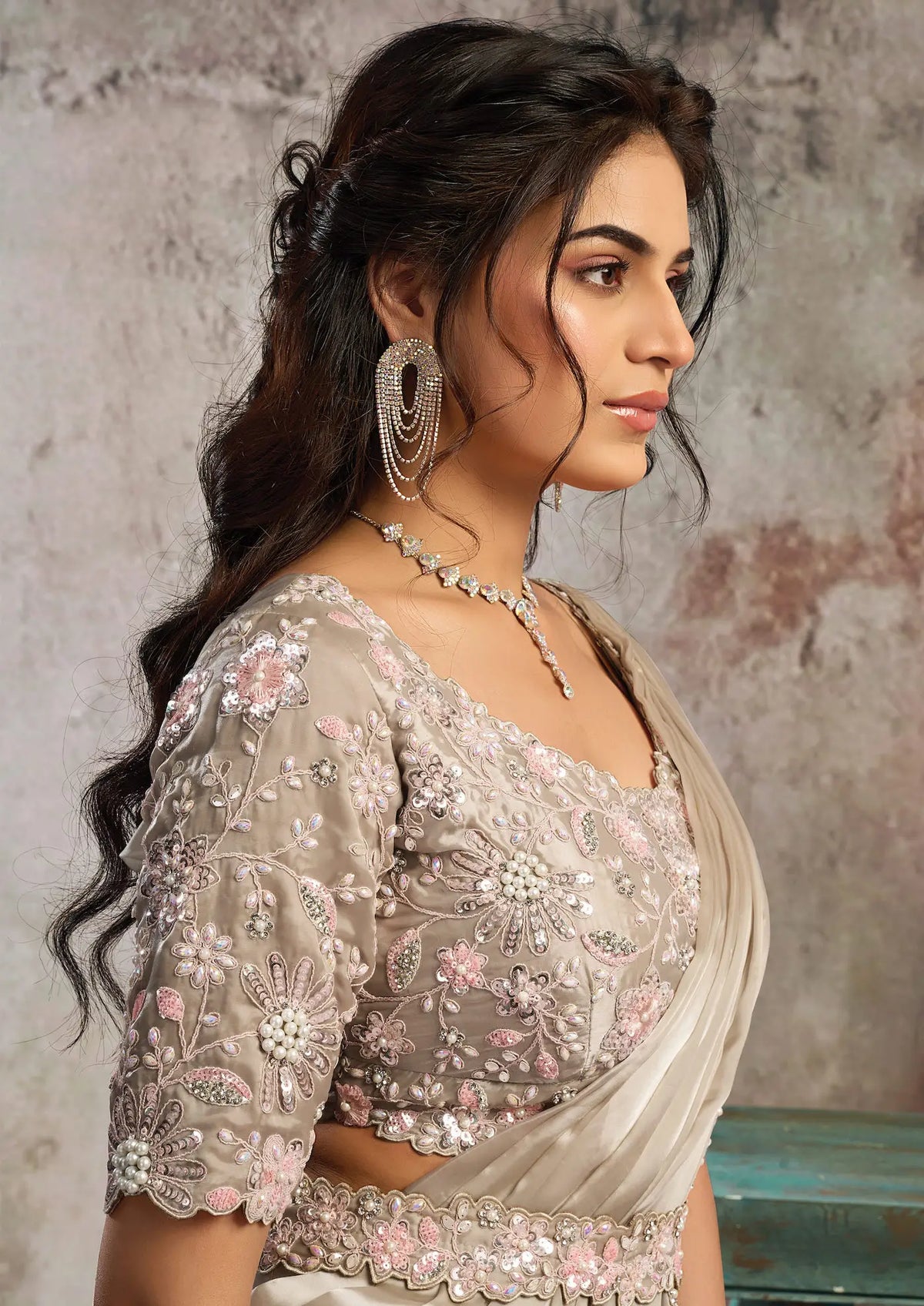 Taupe Beige Ready To Wear Saree