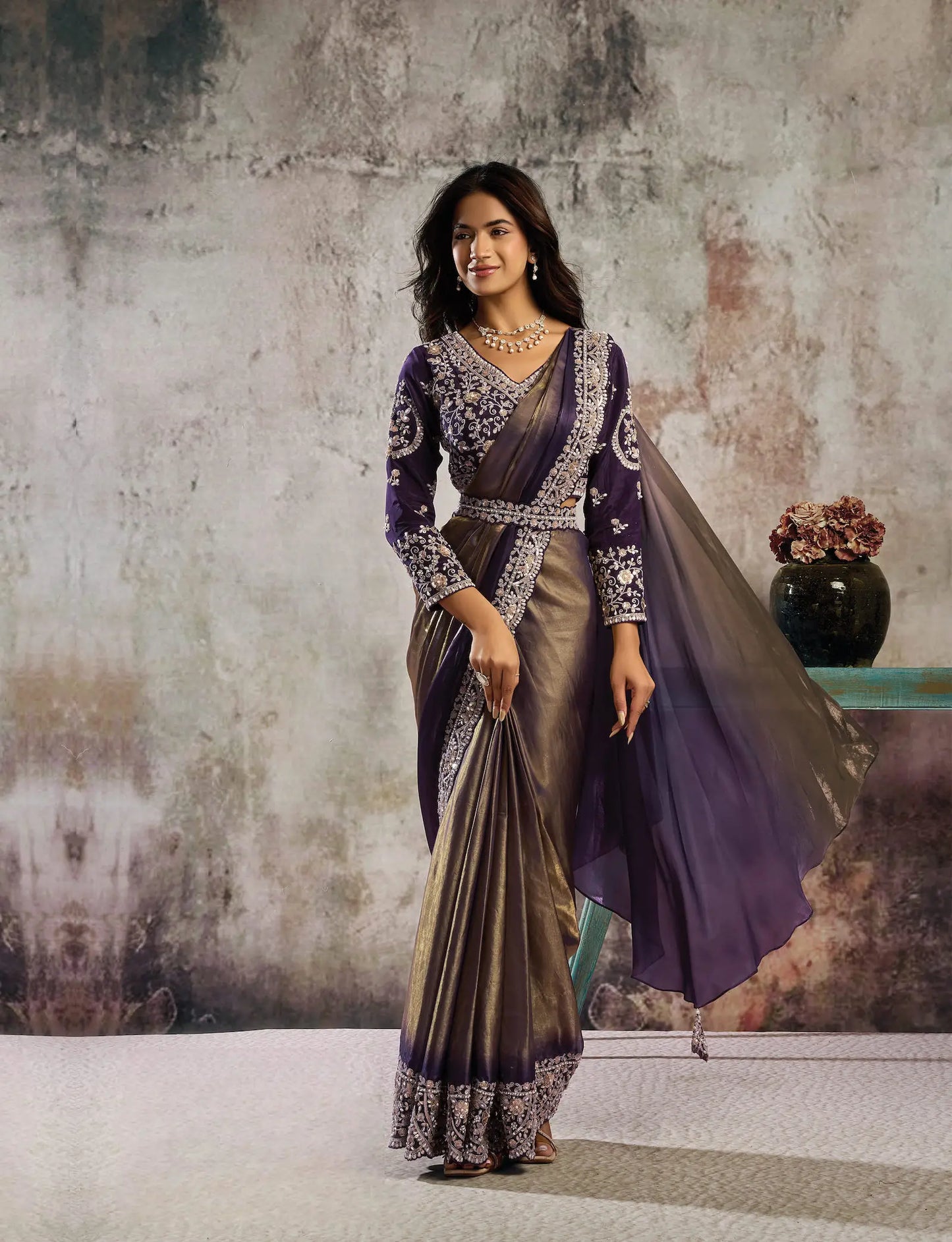Purple-Gold Ready To Wear Saree