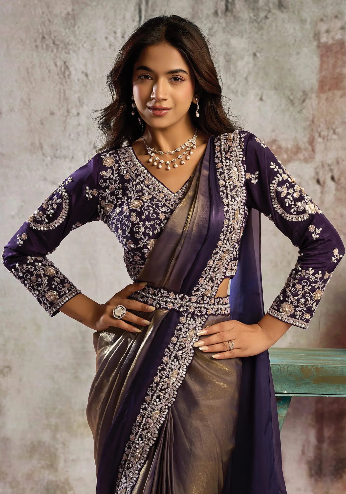 Purple-Gold Ready To Wear Saree