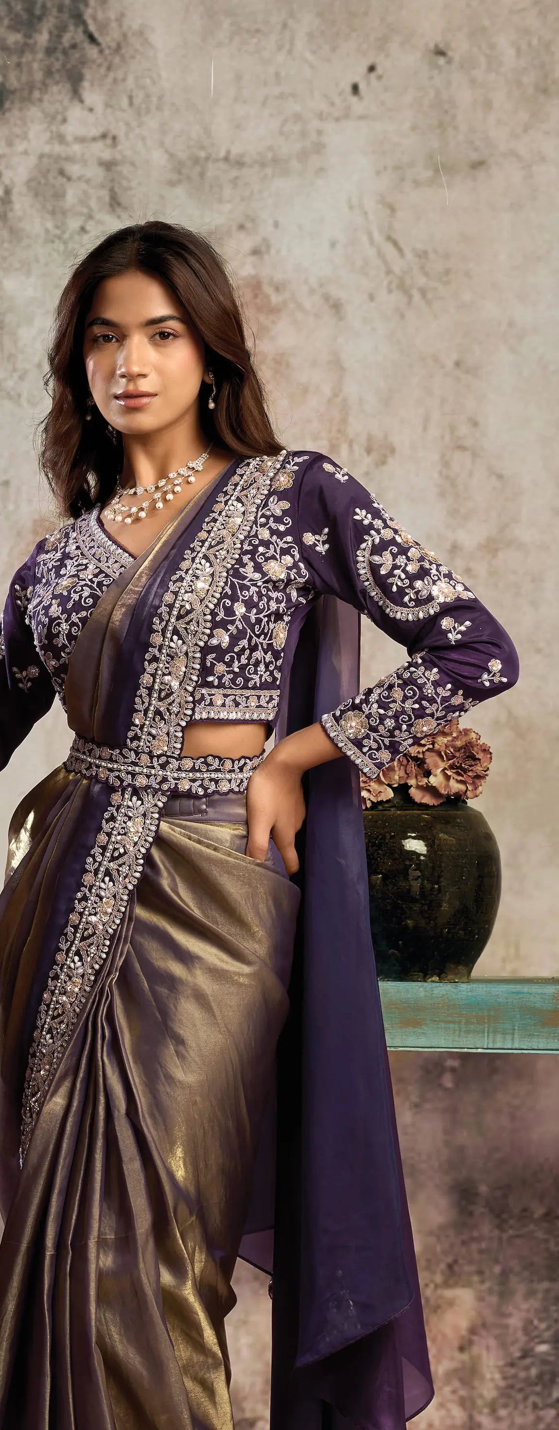 Purple-Gold Ready To Wear Saree