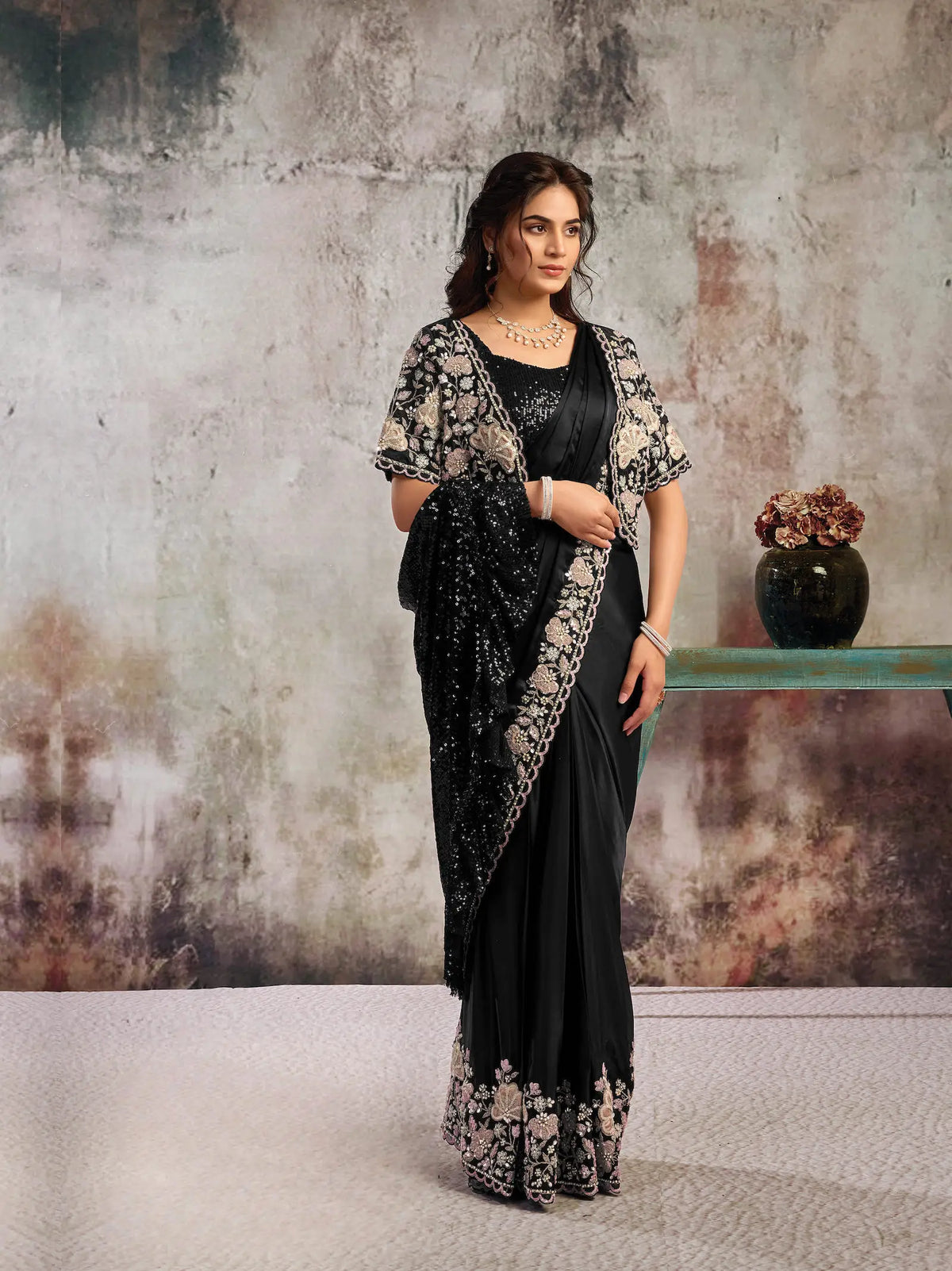 Smoky Black Ready To Wear Saree