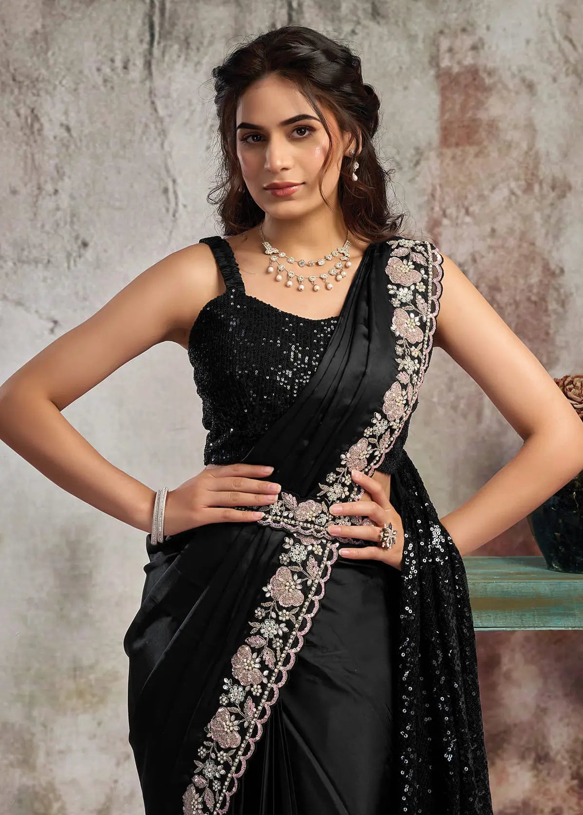 Smoky Black Ready To Wear Saree