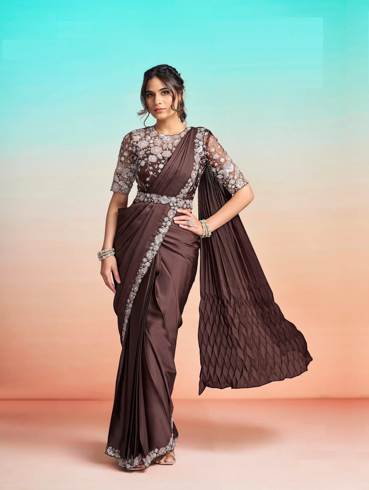 Cocoa Brown Ready To Wear Saree