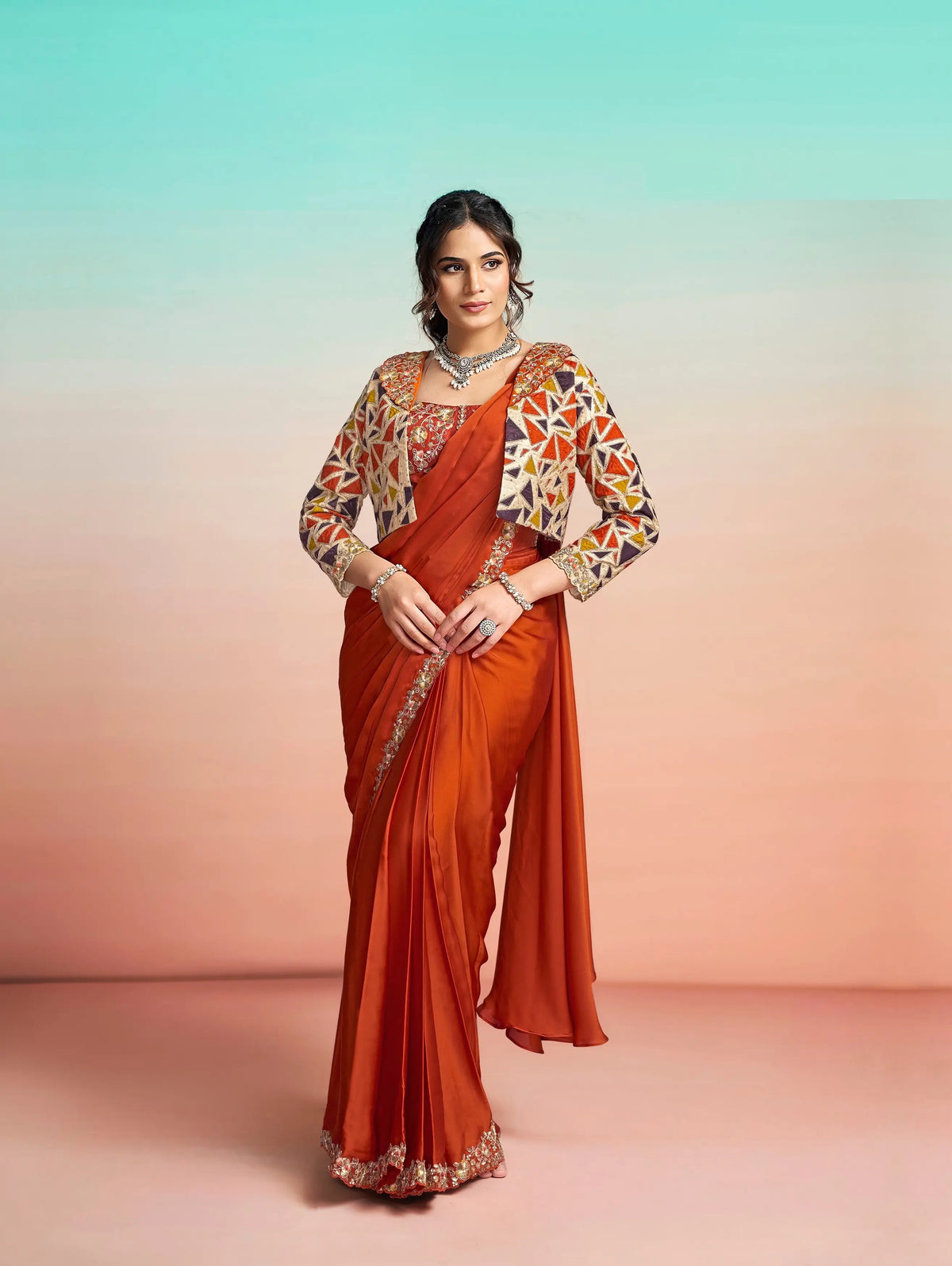 Rich Orange Ready To Wear Saree