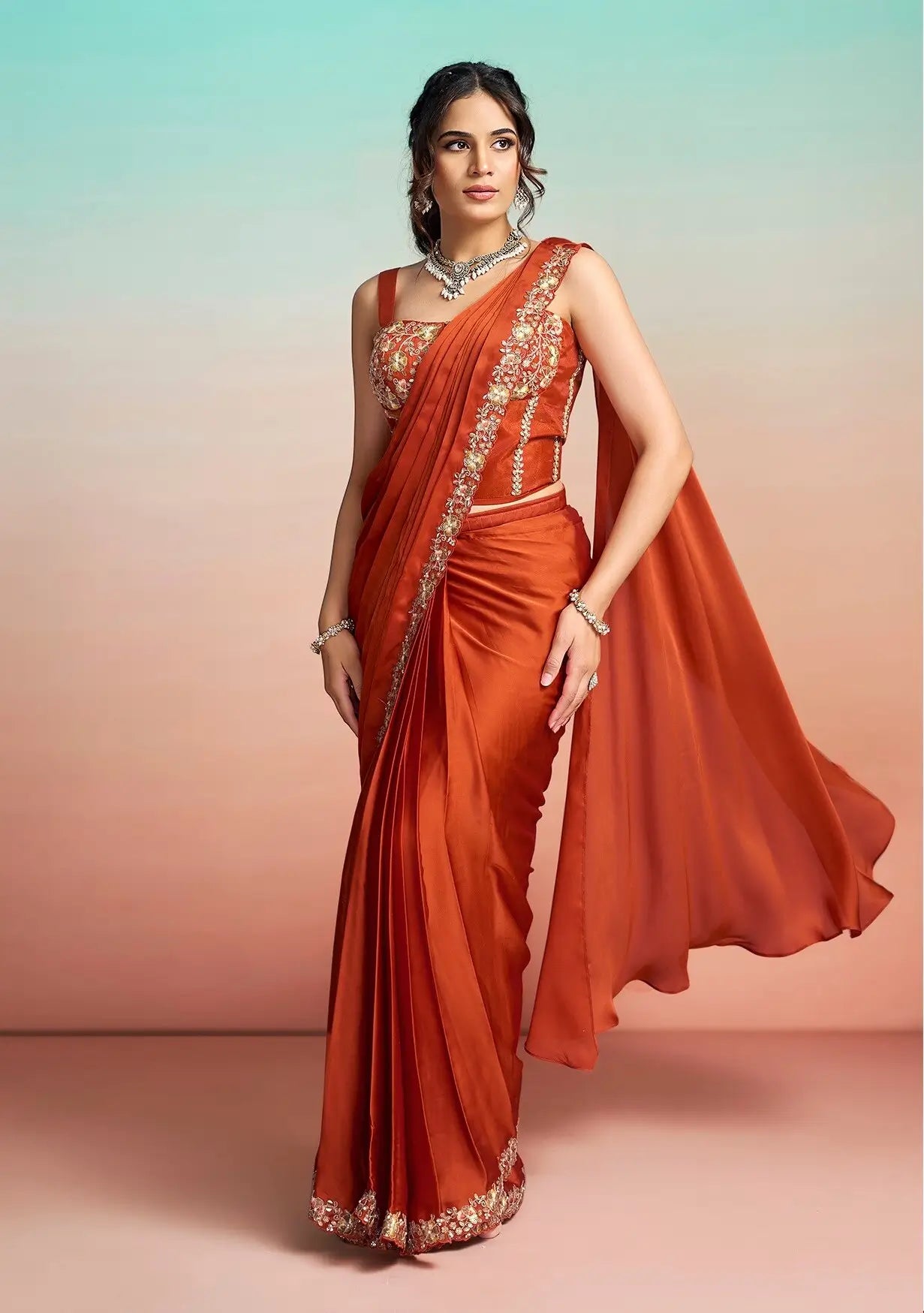 Rich Orange Ready To Wear Saree