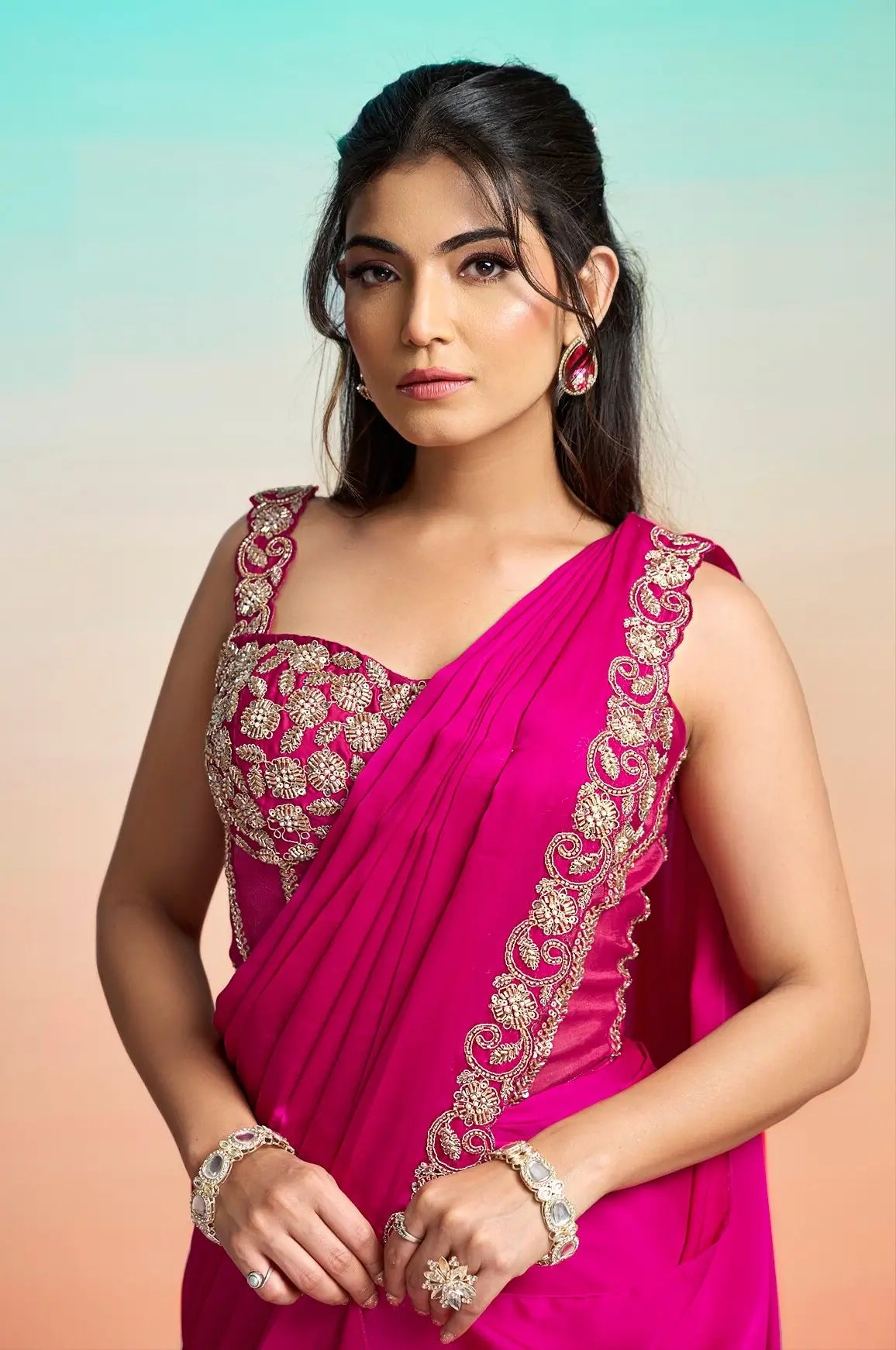 Hot Pink Ready To Wear Saree