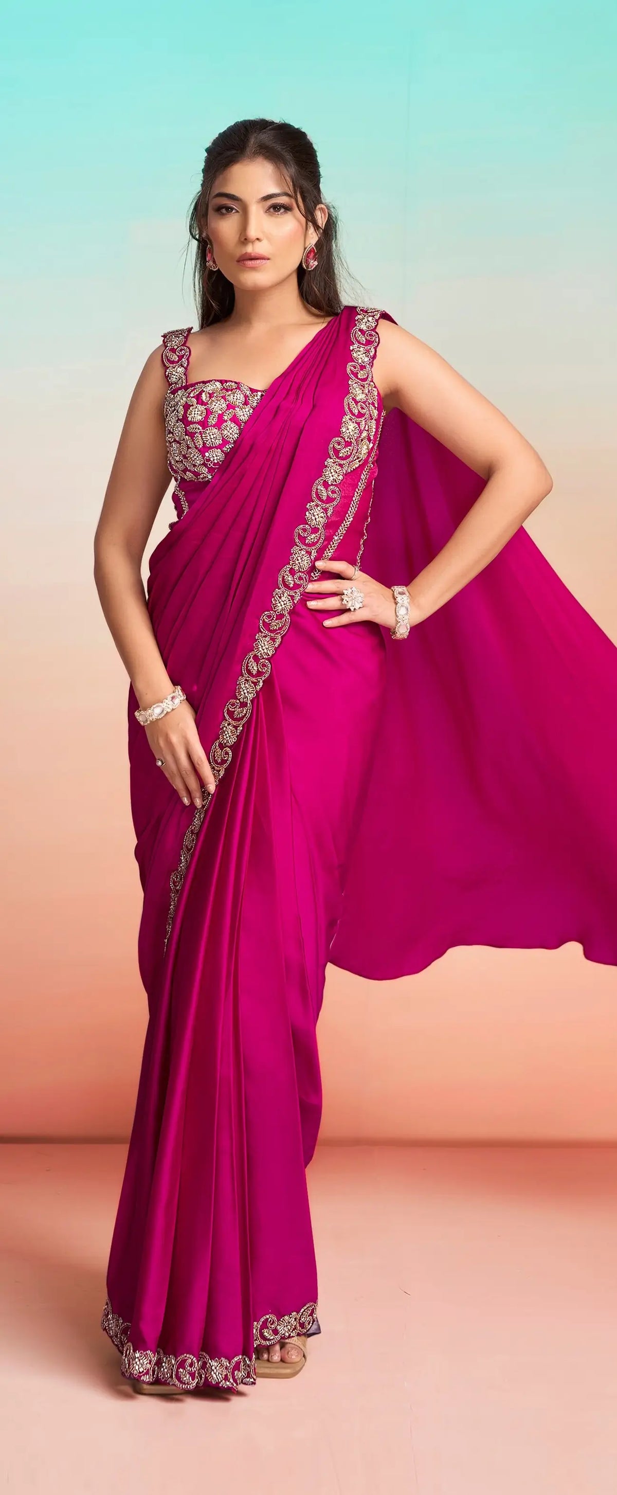 Hot Pink Ready To Wear Saree