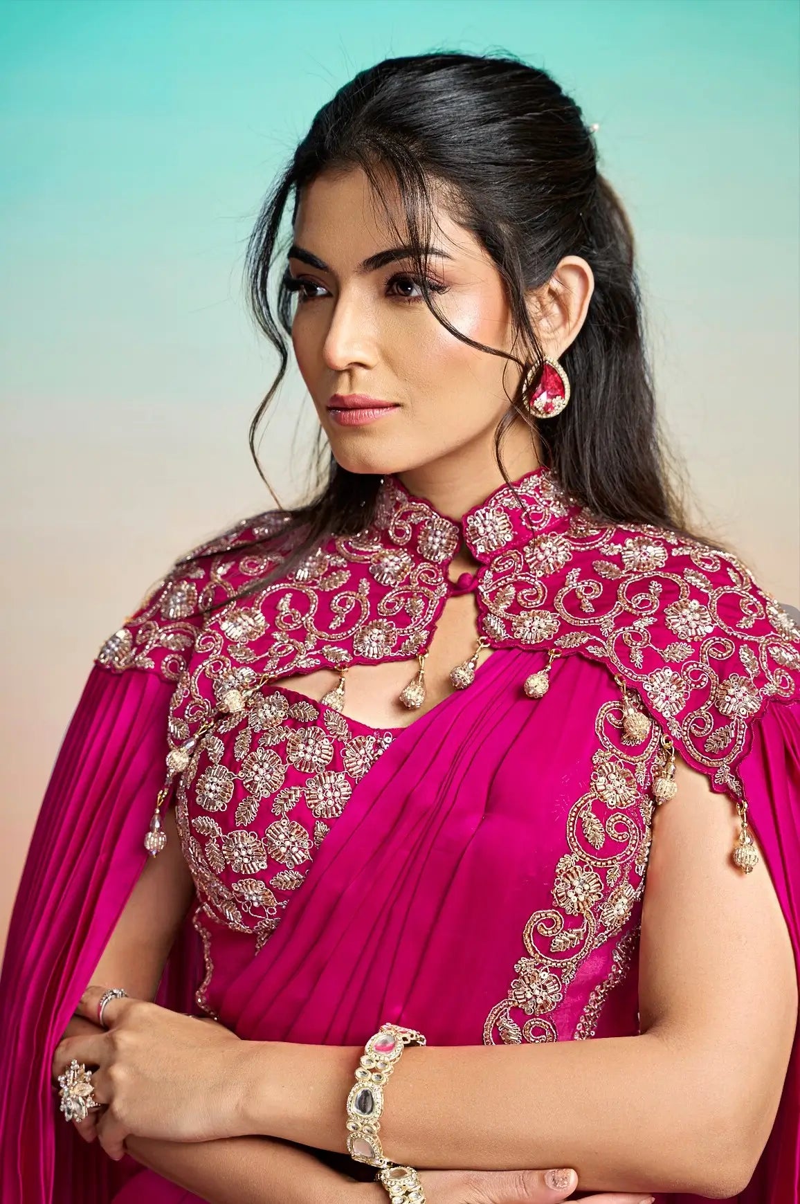 Hot Pink Ready To Wear Saree