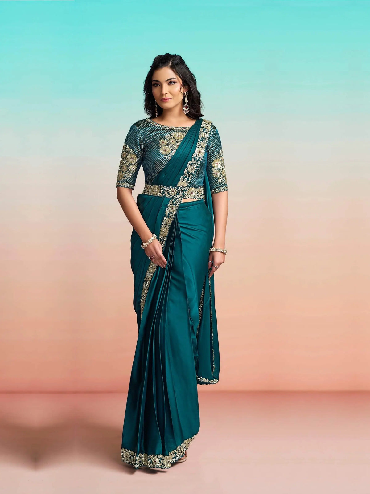 Dark Teal Ready To Wear Saree