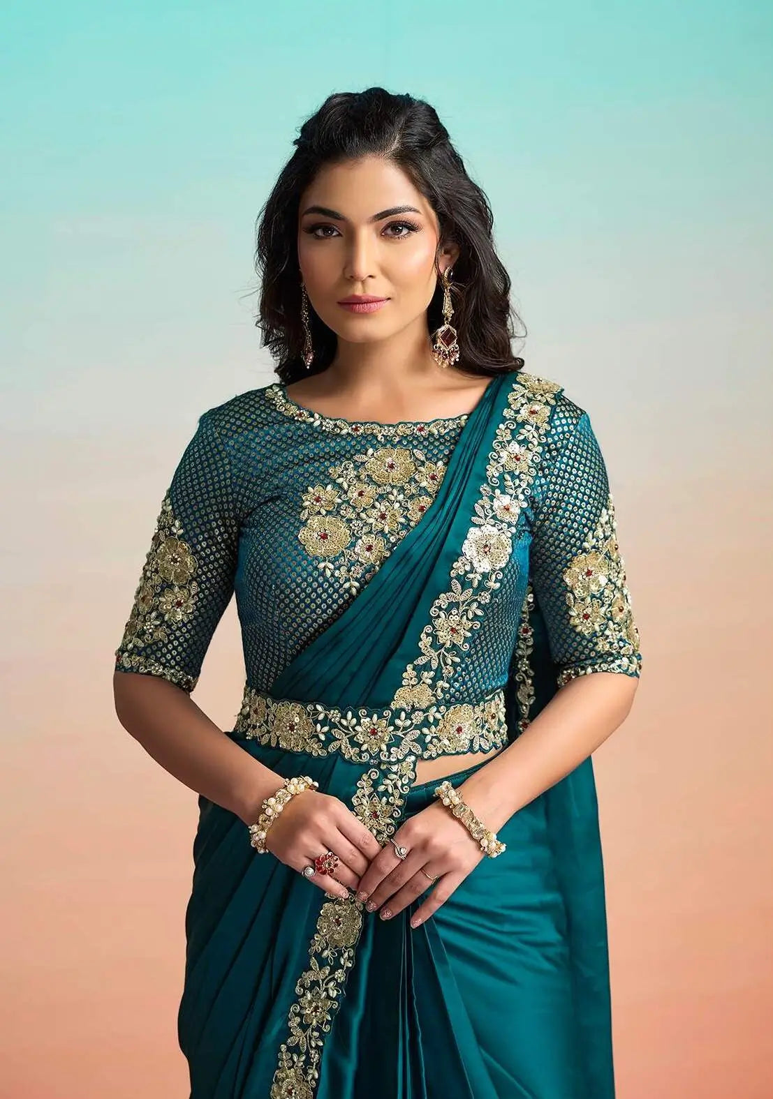 Dark Teal Ready To Wear Saree