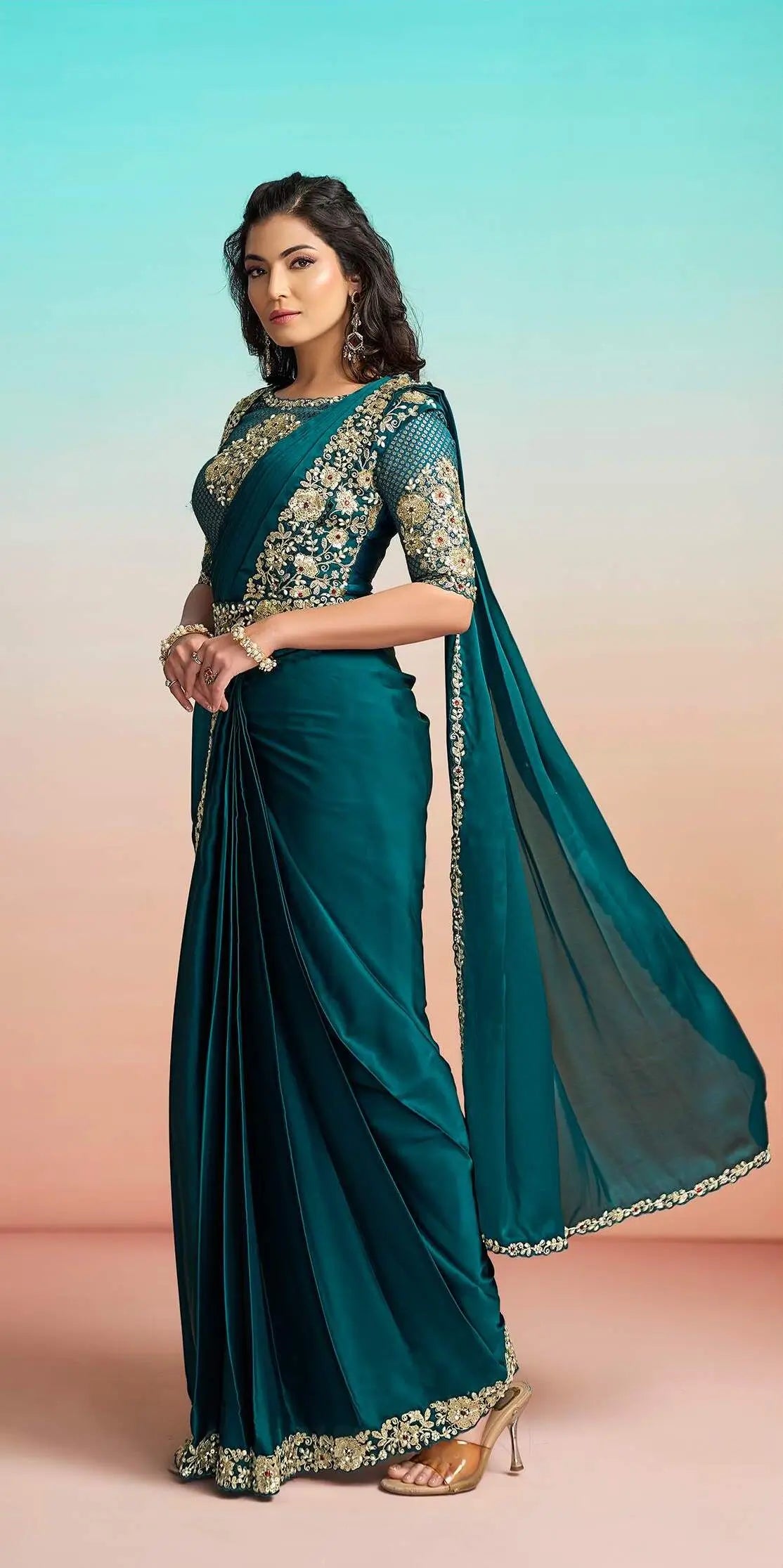 Dark Teal Ready To Wear Saree
