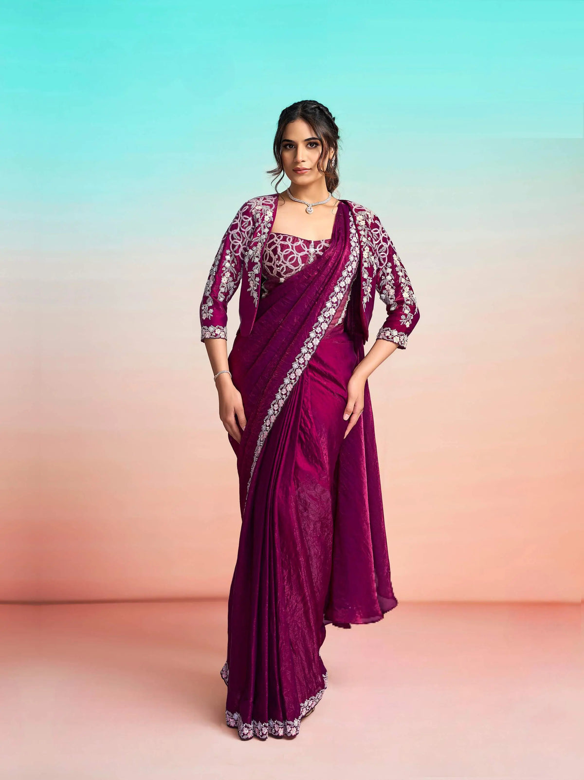 Wine Red Ready To Wear Saree