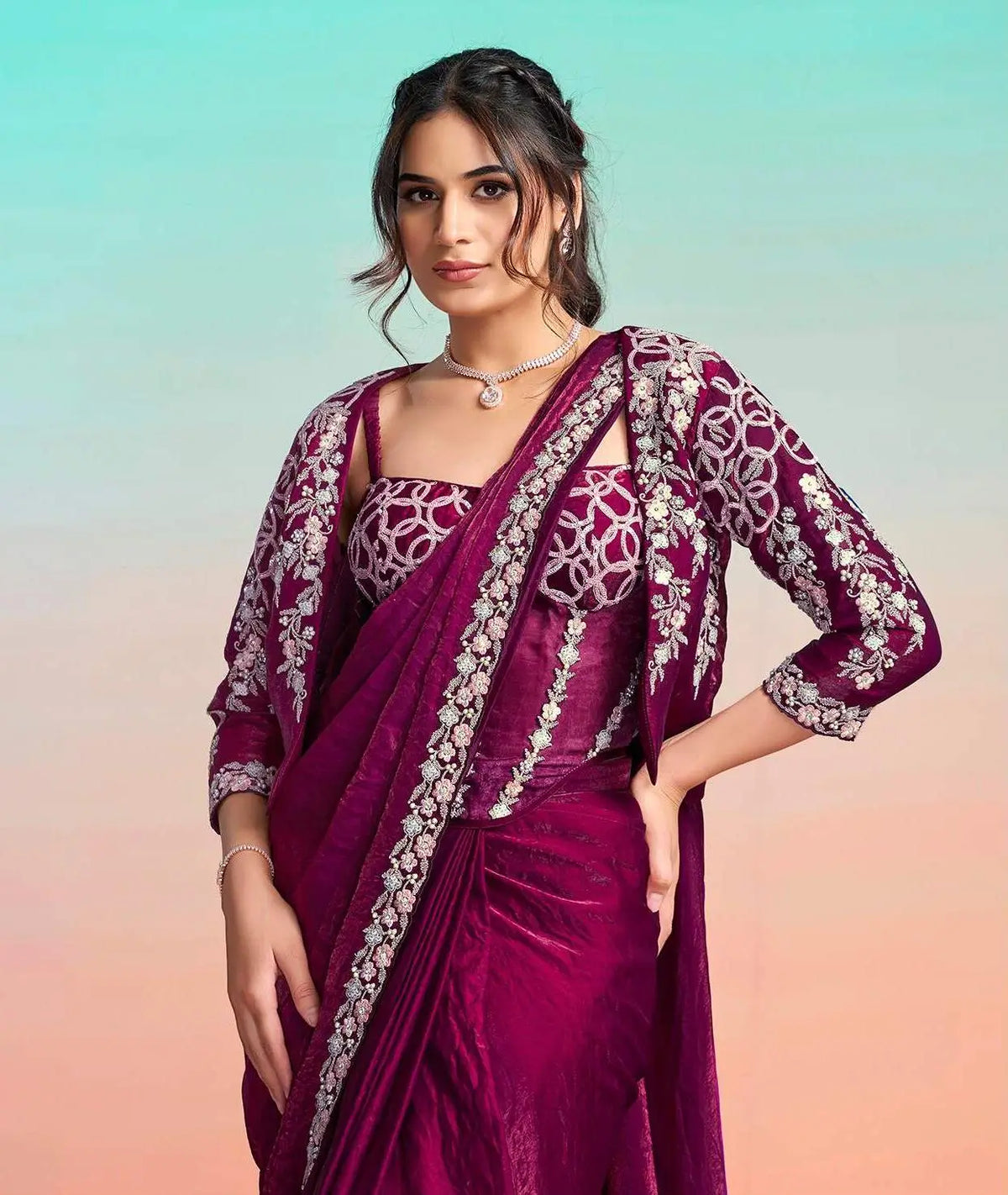 Wine Red Ready To Wear Saree