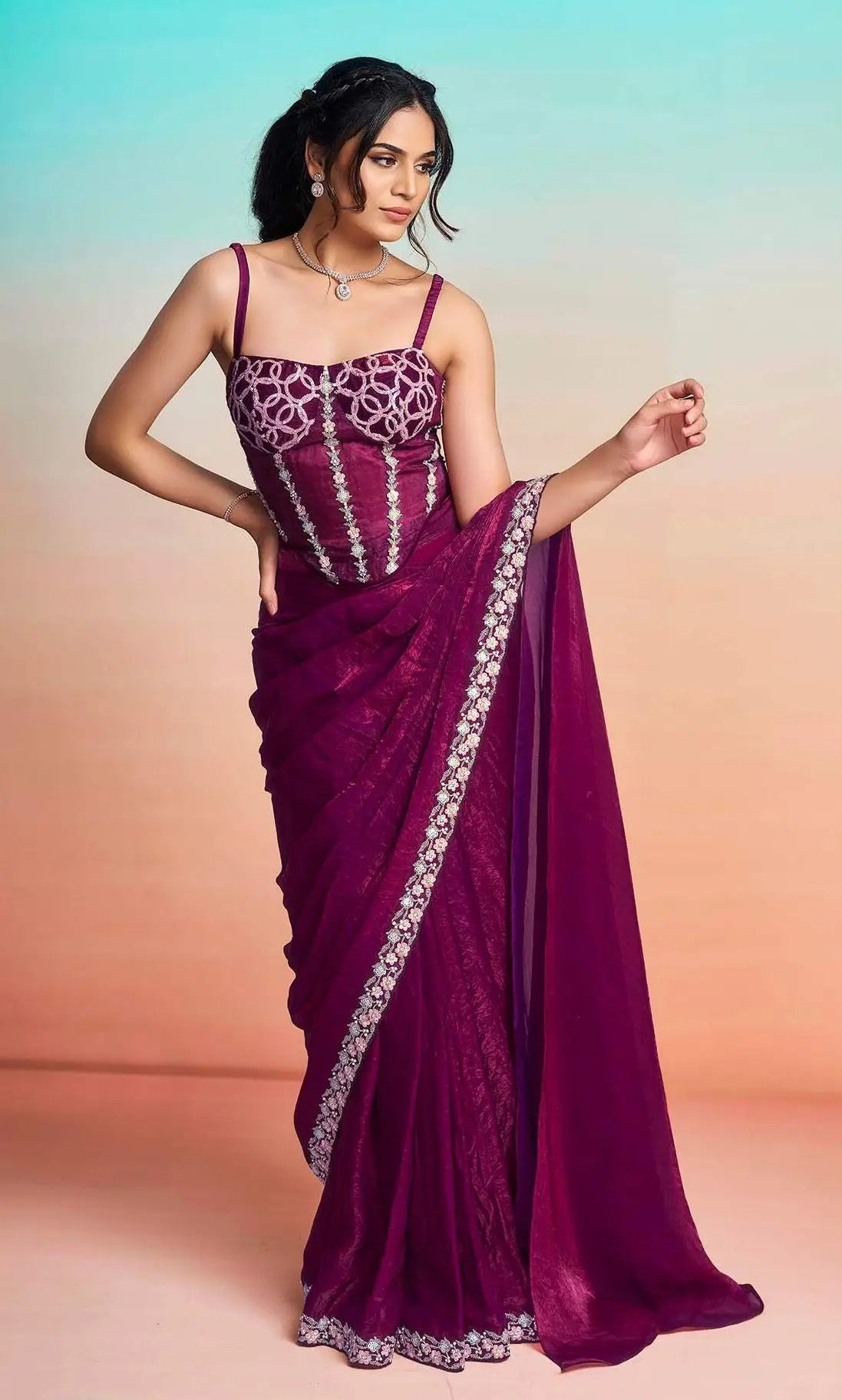 Wine Red Ready To Wear Saree