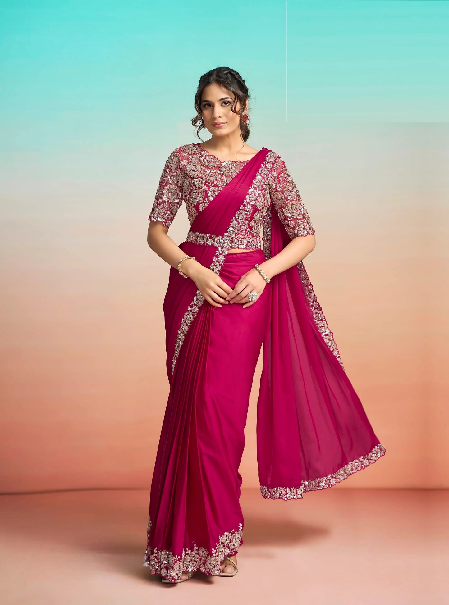 Burnt Pink Ready To Wear Saree