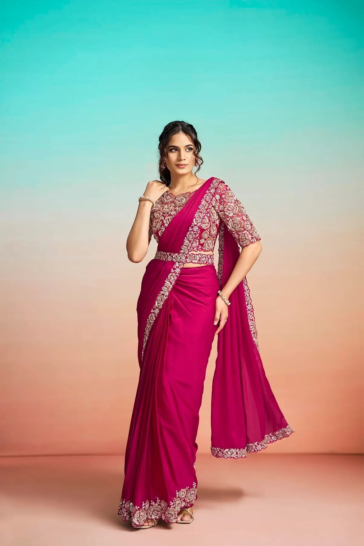 Burnt Pink Ready To Wear Saree