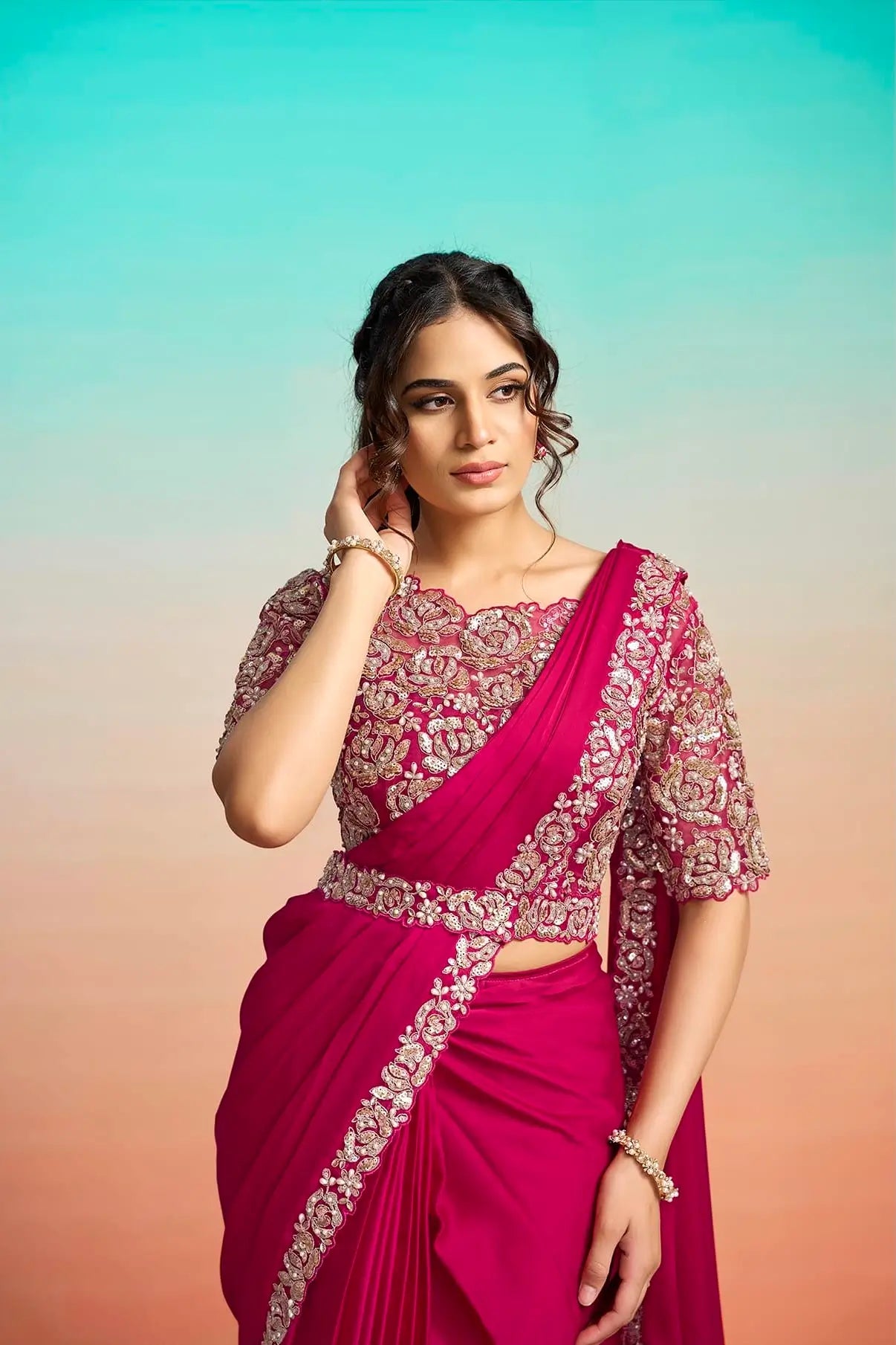 Burnt Pink Ready To Wear Saree