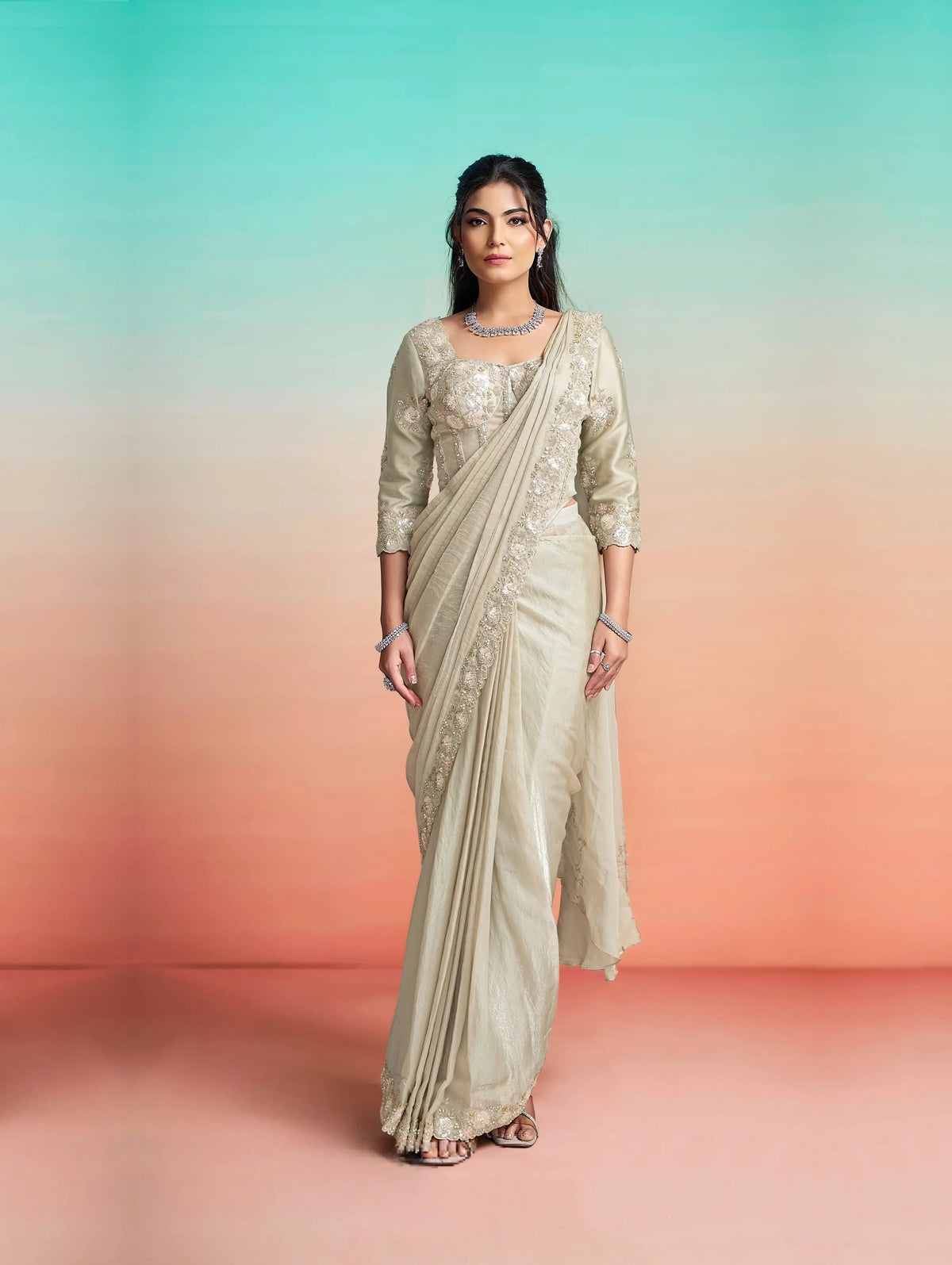 Pearl Grey Ready To Wear Saree