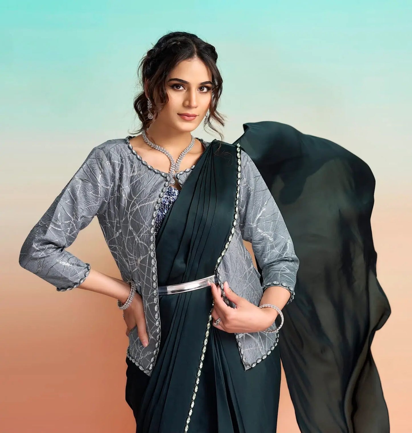 Navy Blue Ready To Wear Saree