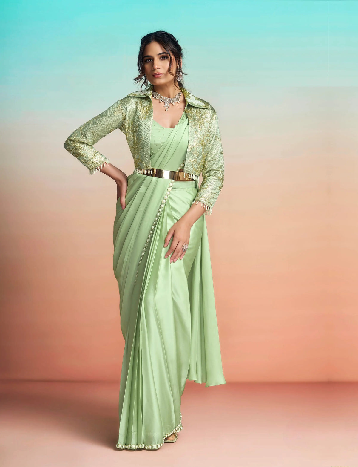 Pastel Green Ready To Wear Saree