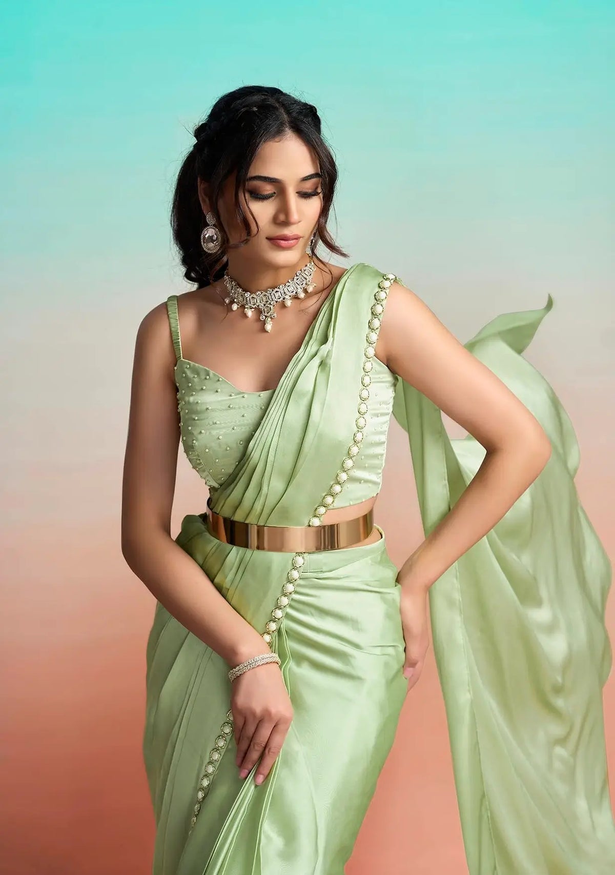 Pastel Green Ready To Wear Saree