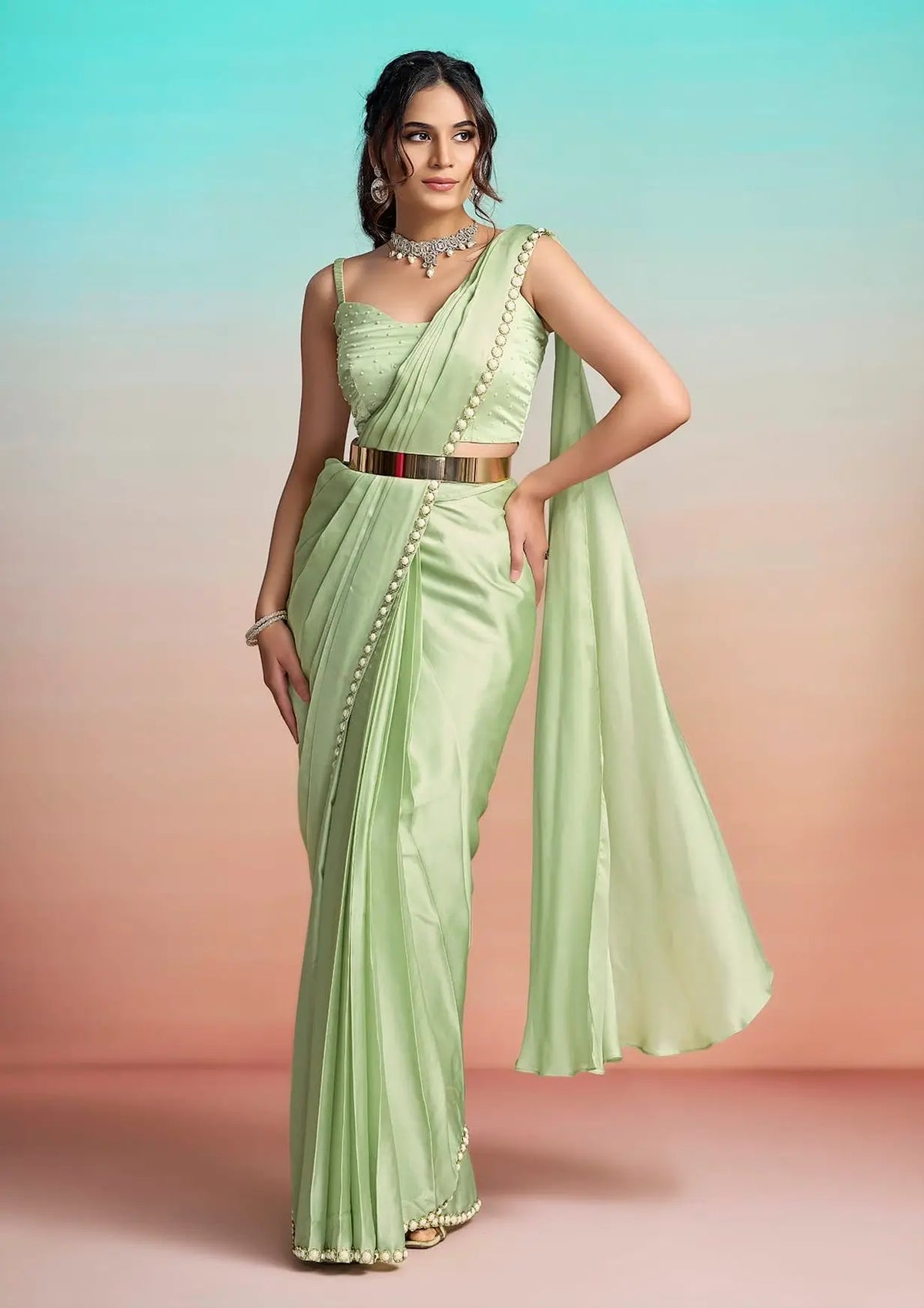 Pastel Green Ready To Wear Saree