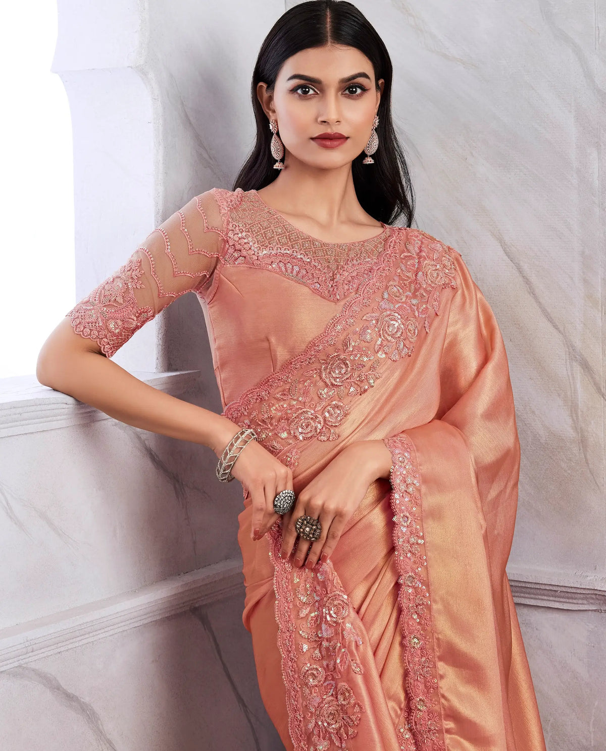 Dusty Orange Golden Shimmer Silk Saree
