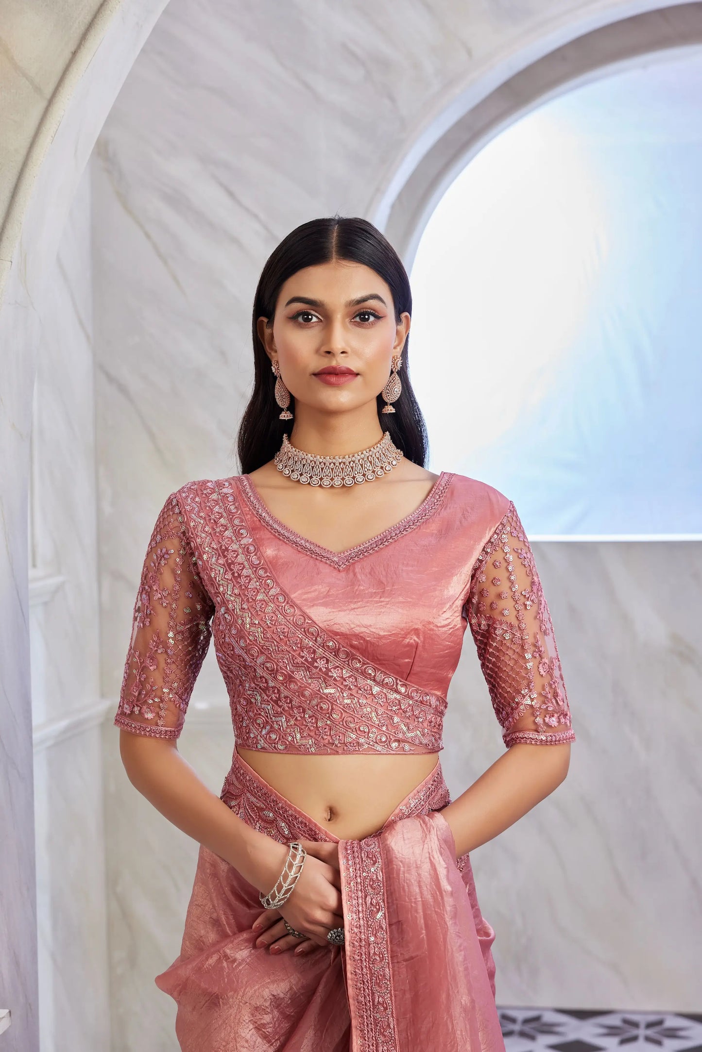 Pink Sim-Sim Silk Saree With Embroidery Work Blouse
