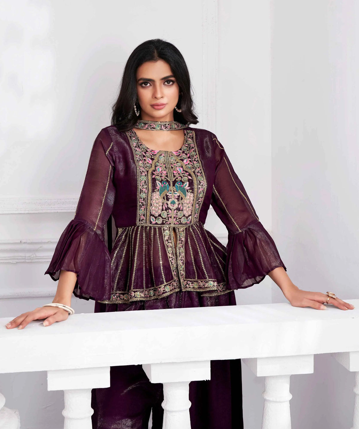 Wine Designer Embroidery Hand Work  Fancy Top & Sharara